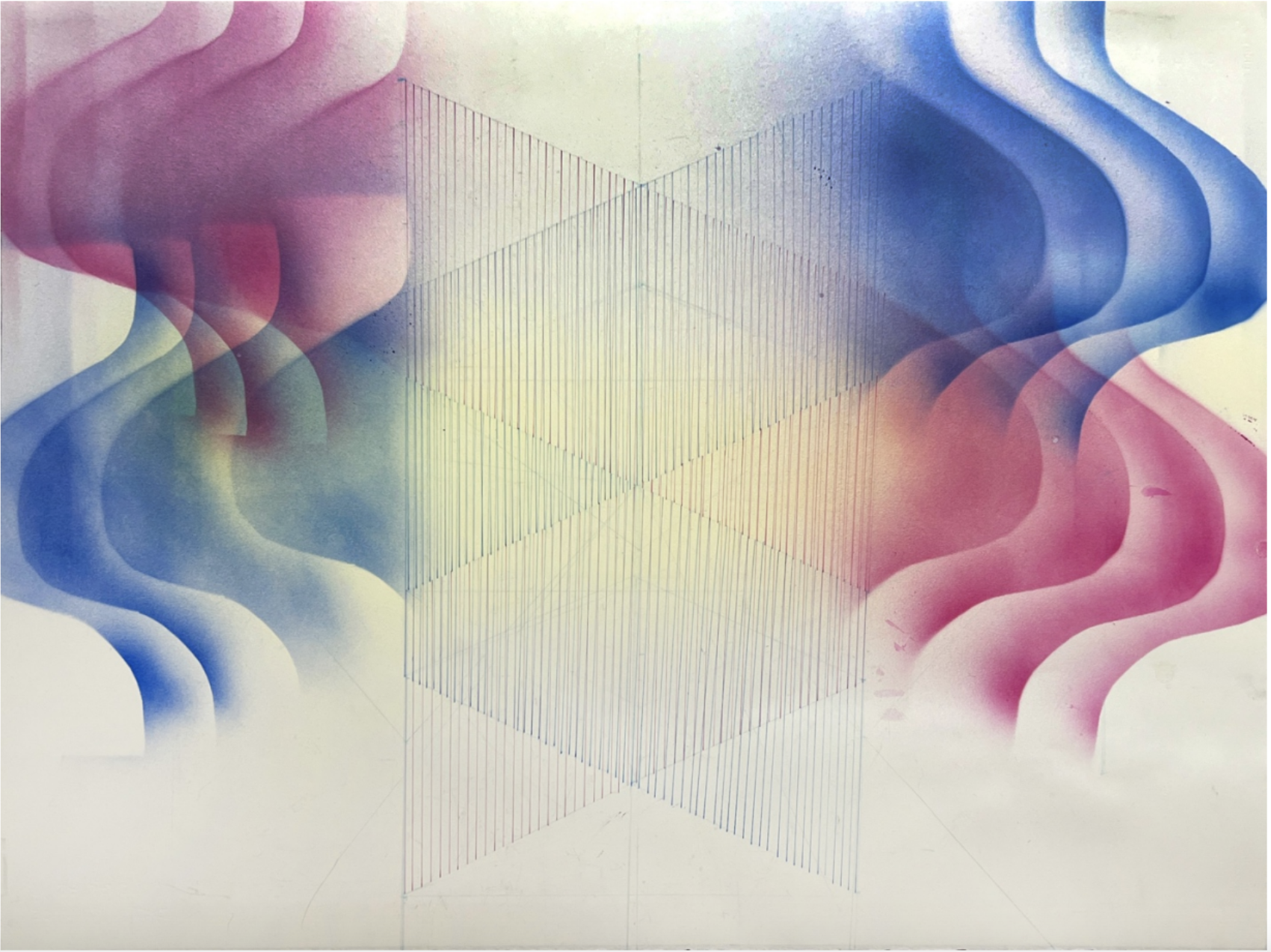 wavy red and blue curves around geometric line drawing