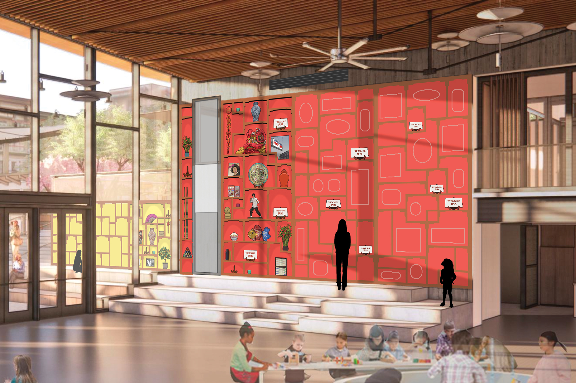 rendering of large community space with yellow and red walls