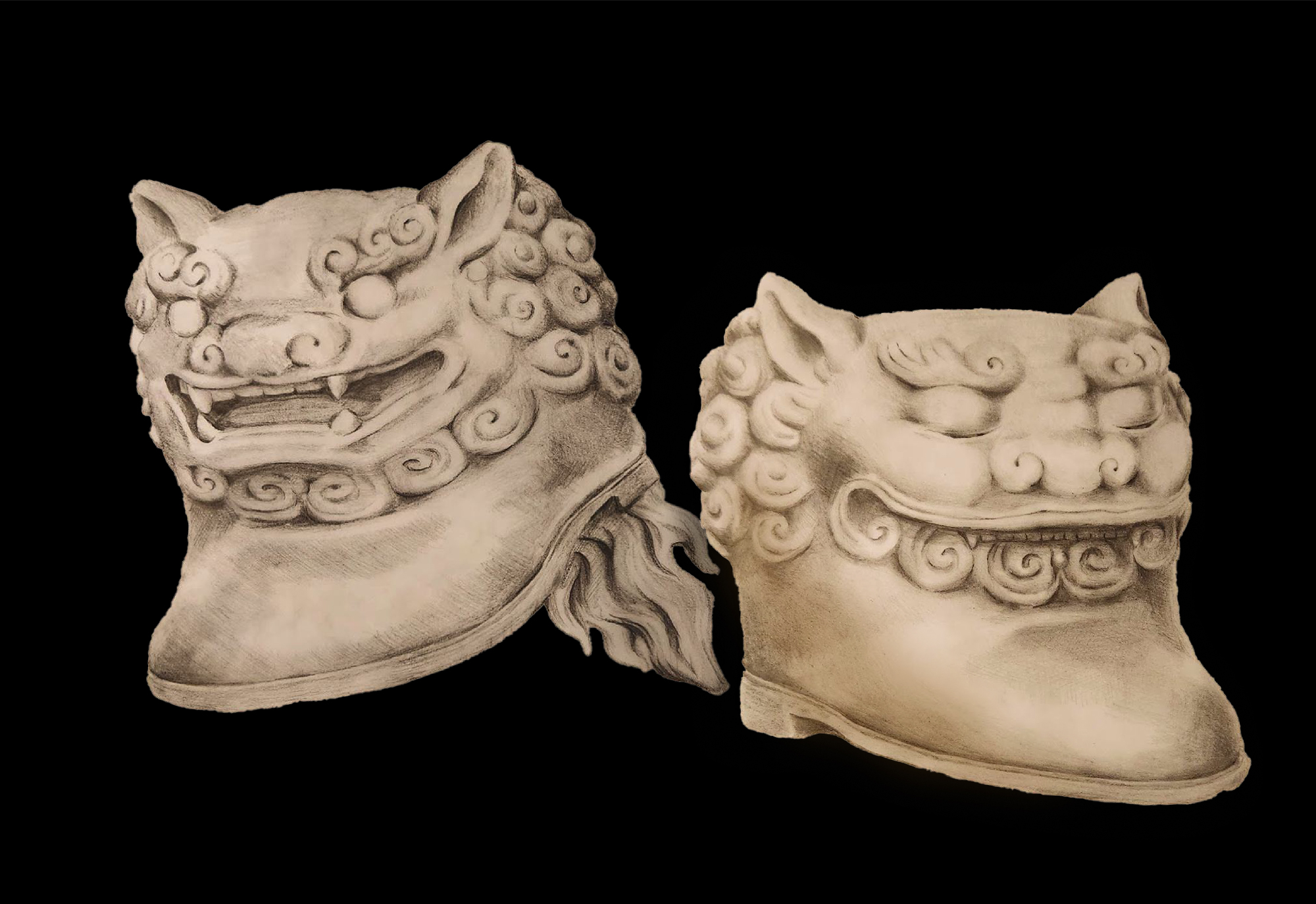 two metal lion heads with boot-shaped bases