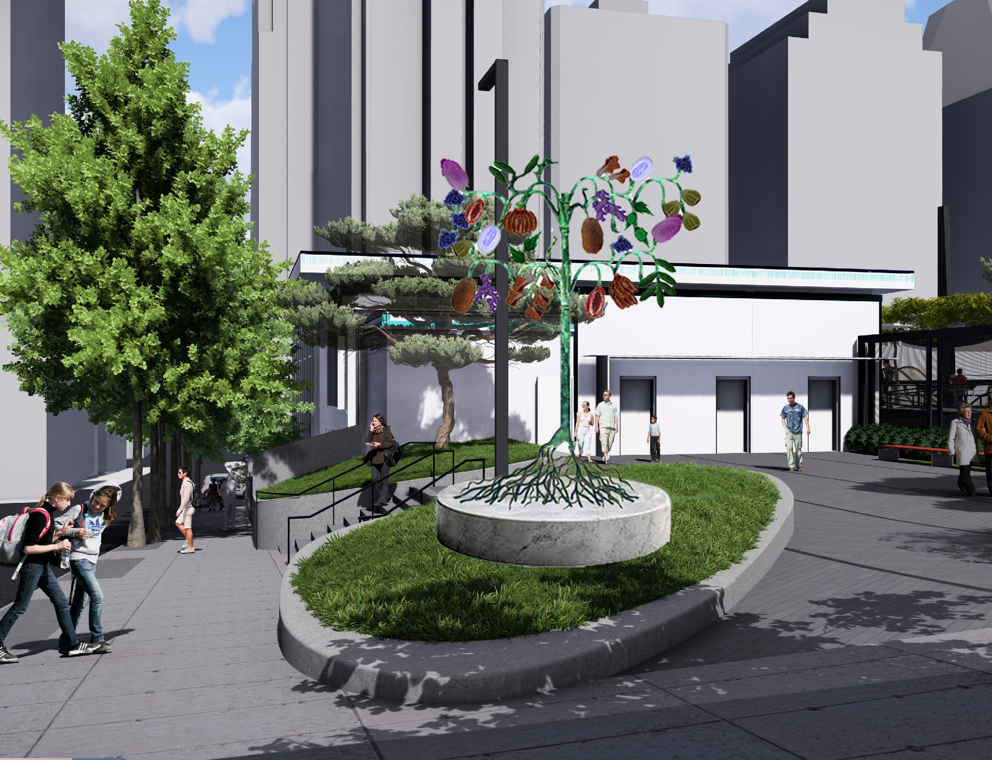 rendering of tree sculpture with different fruits hanging from branches