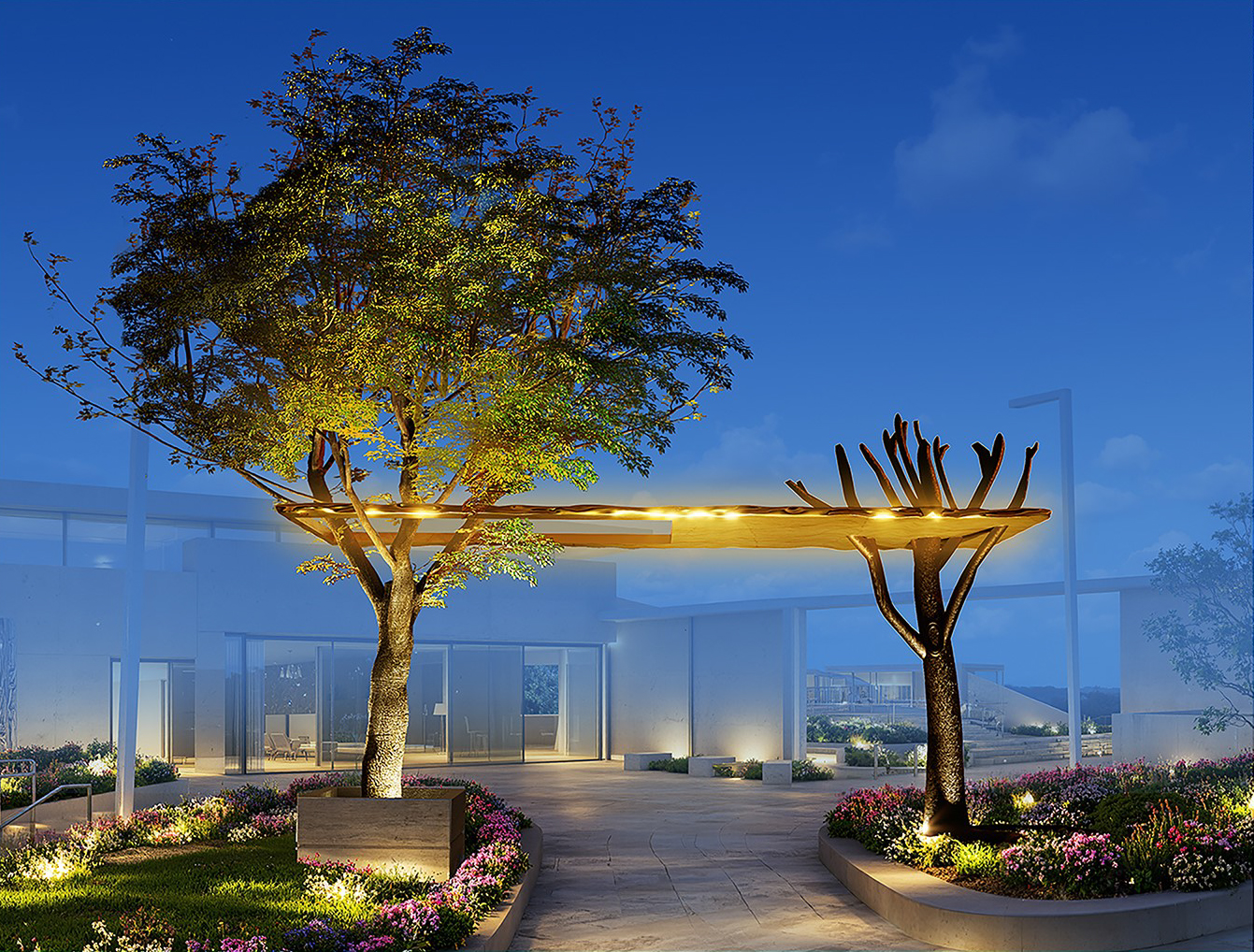 tree and cast of tree connected by flat awning, lit at night