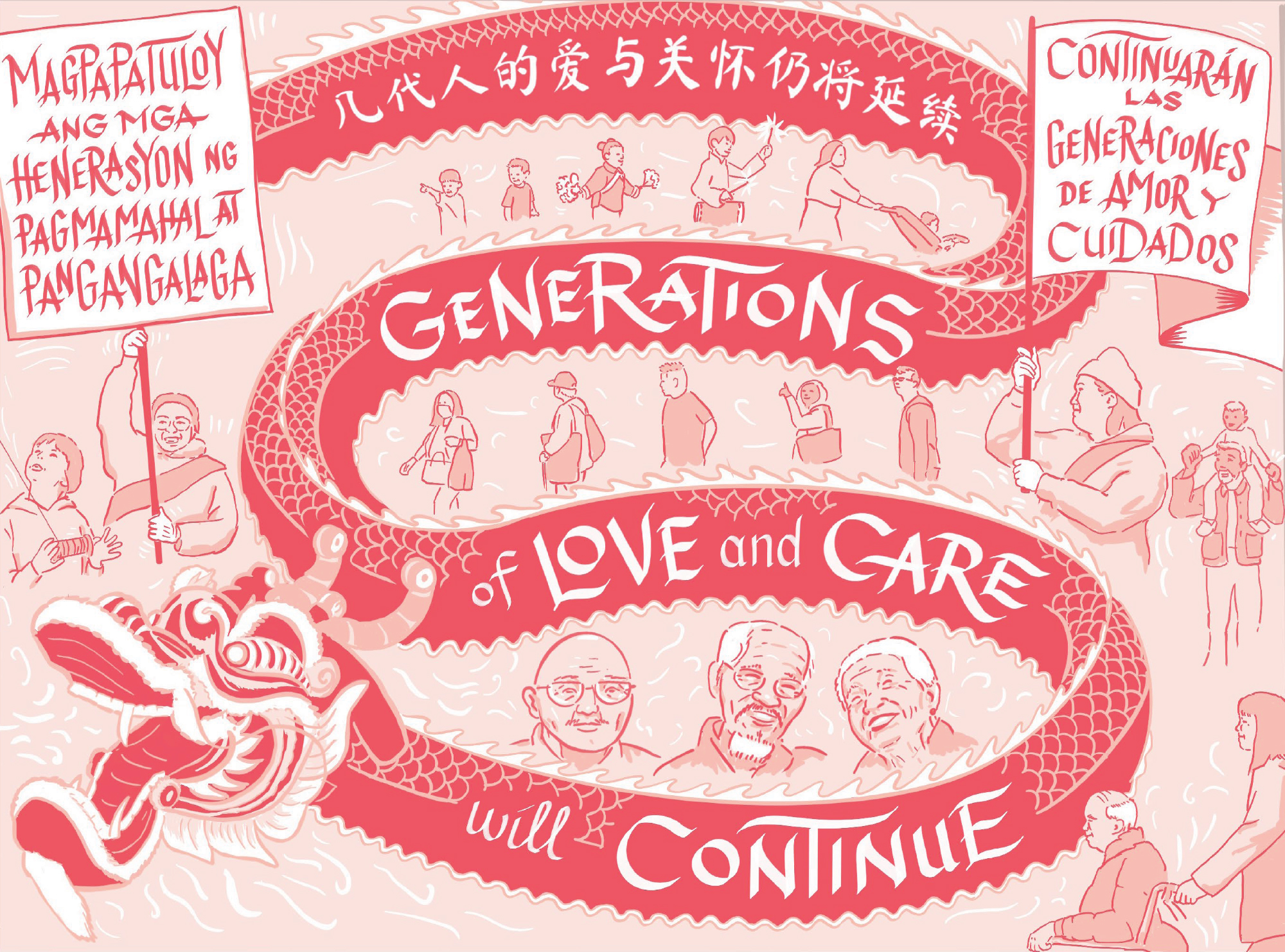 red and pink illustration with curving dragon and text in multiple languages