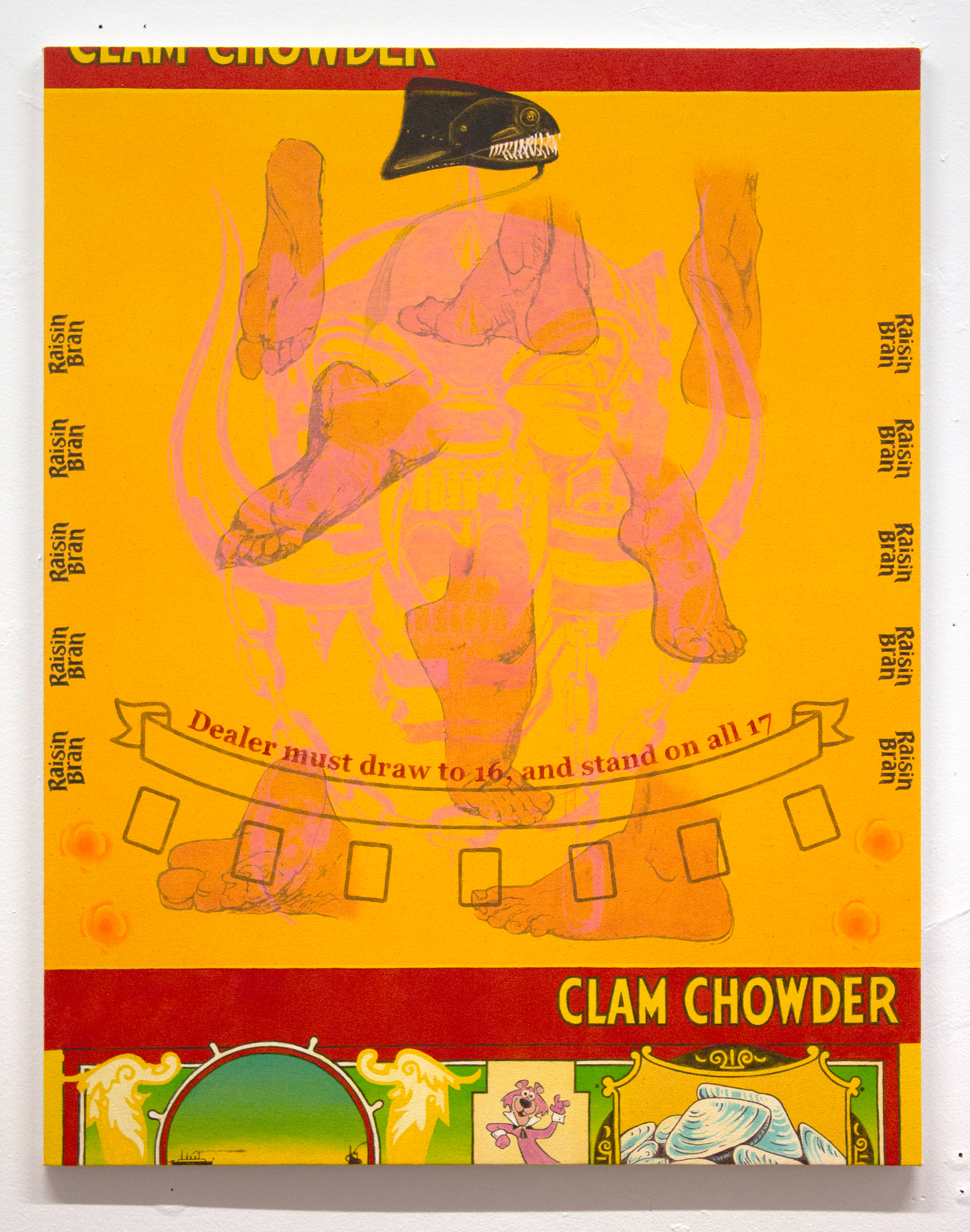 yellow painting with various images and brands in combination