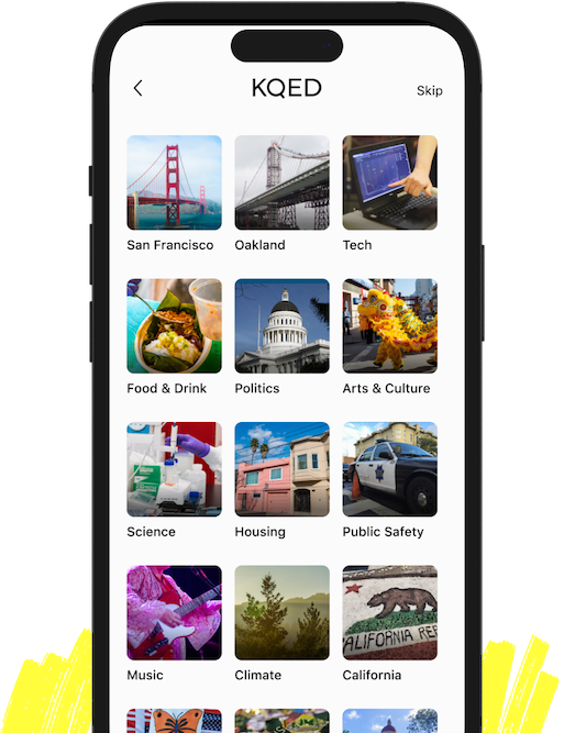 A phone displaying a mock of the kqed app