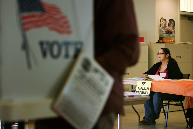 A "Se Habla Español" sign identifies a bilingual election official in the predominantly Latino neighborhood of Boyle Heights on Feb. 5, 2008, in Los Angeles.