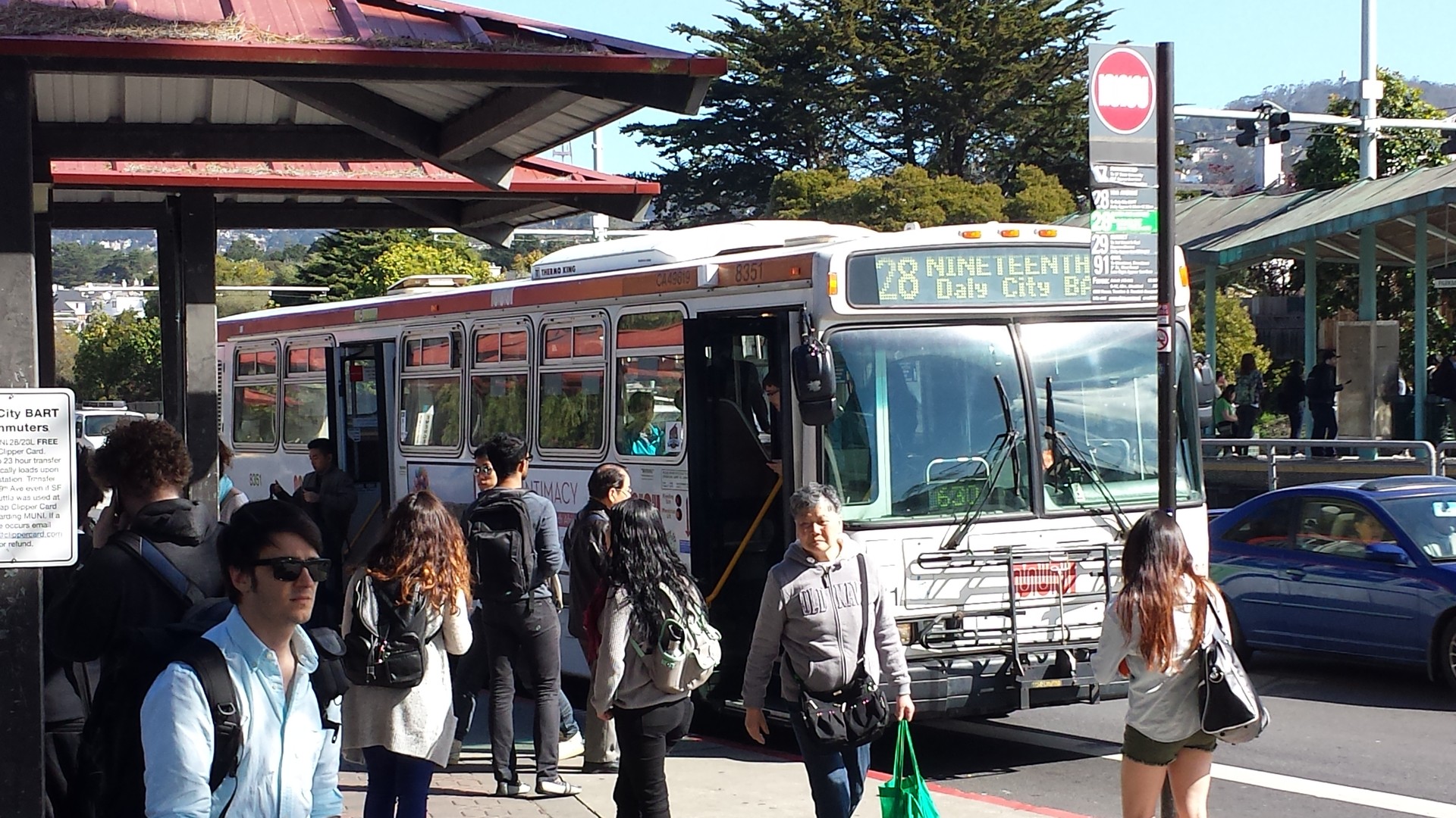 A Muni bus stops at 19th and Holloway avenues, near San Francisco State University, on March 17, 2014.