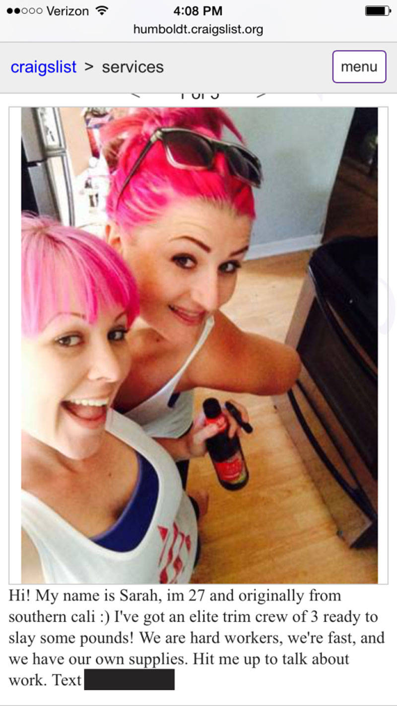In Craigslist ads, aspiring female trimmers sometimes include photos of the...
