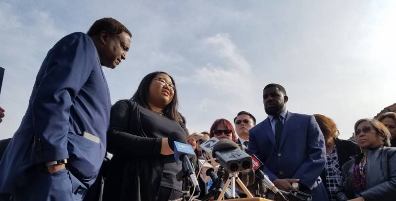 Jessica Leong, whose uncle Laudemer Arboleta was shot and killed by a police officer in Danville Nov. 3, speaks at a press conference announcing a legal claim filed agains the city on Nov. 19.