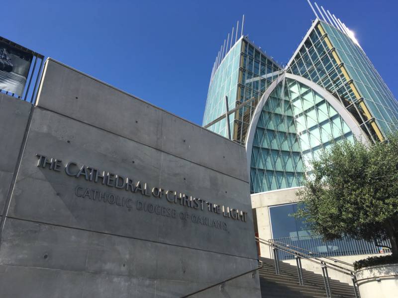 A photo of a large, modern, glass cathedral.