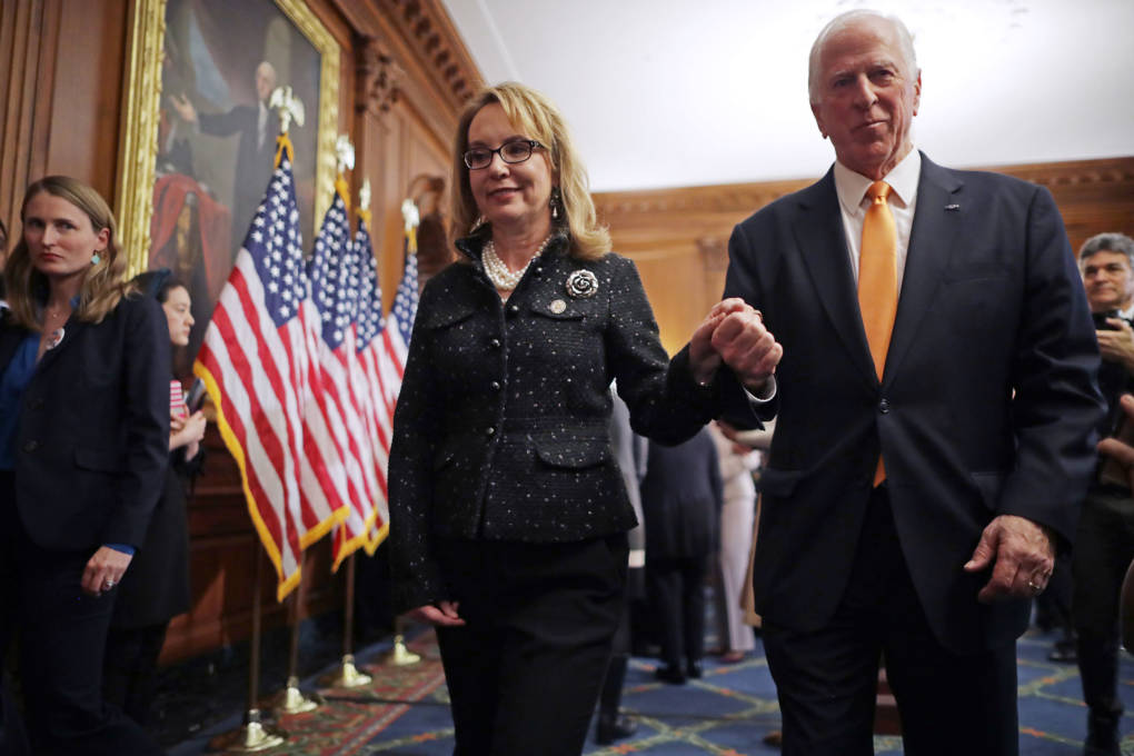 Former Arizona Congresswoman Gabby Giffords joins Bay Area Rep. Mike Thompson (D-CA), chair of the Gun Violence Prevention Task Force, for a news conference to introduce legislation to expand background checks on Jan. 8, 2019. The bill passed on Feb. 27.