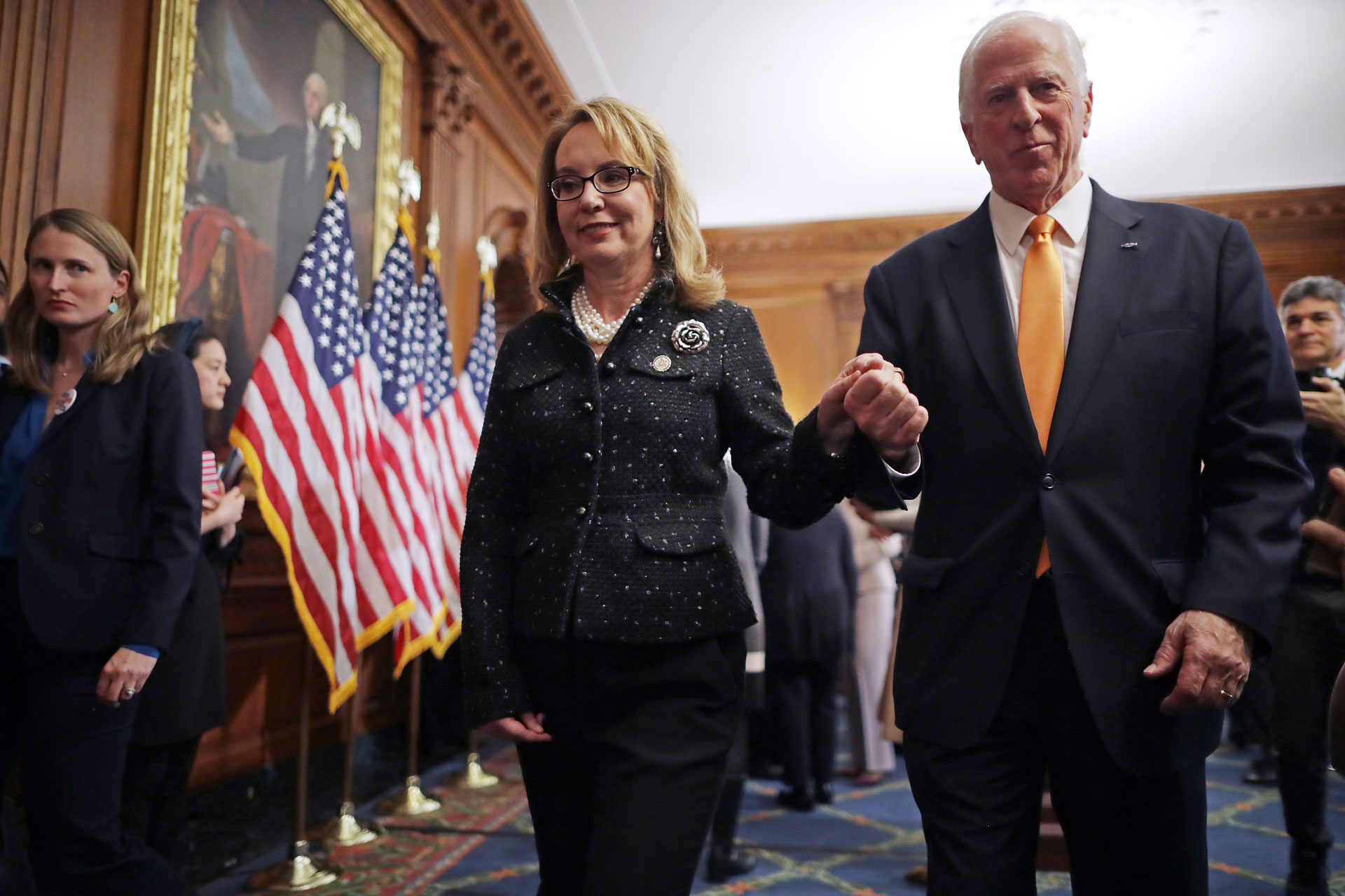 Former Arizona Congresswoman Gabby Giffords joins Bay Area Rep. Mike Thompson (D-CA), chair of the Gun Violence Prevention Task Force, for a news conference to introduce legislation to expand background checks on Jan. 8, 2019. The bill passed on Feb. 27.