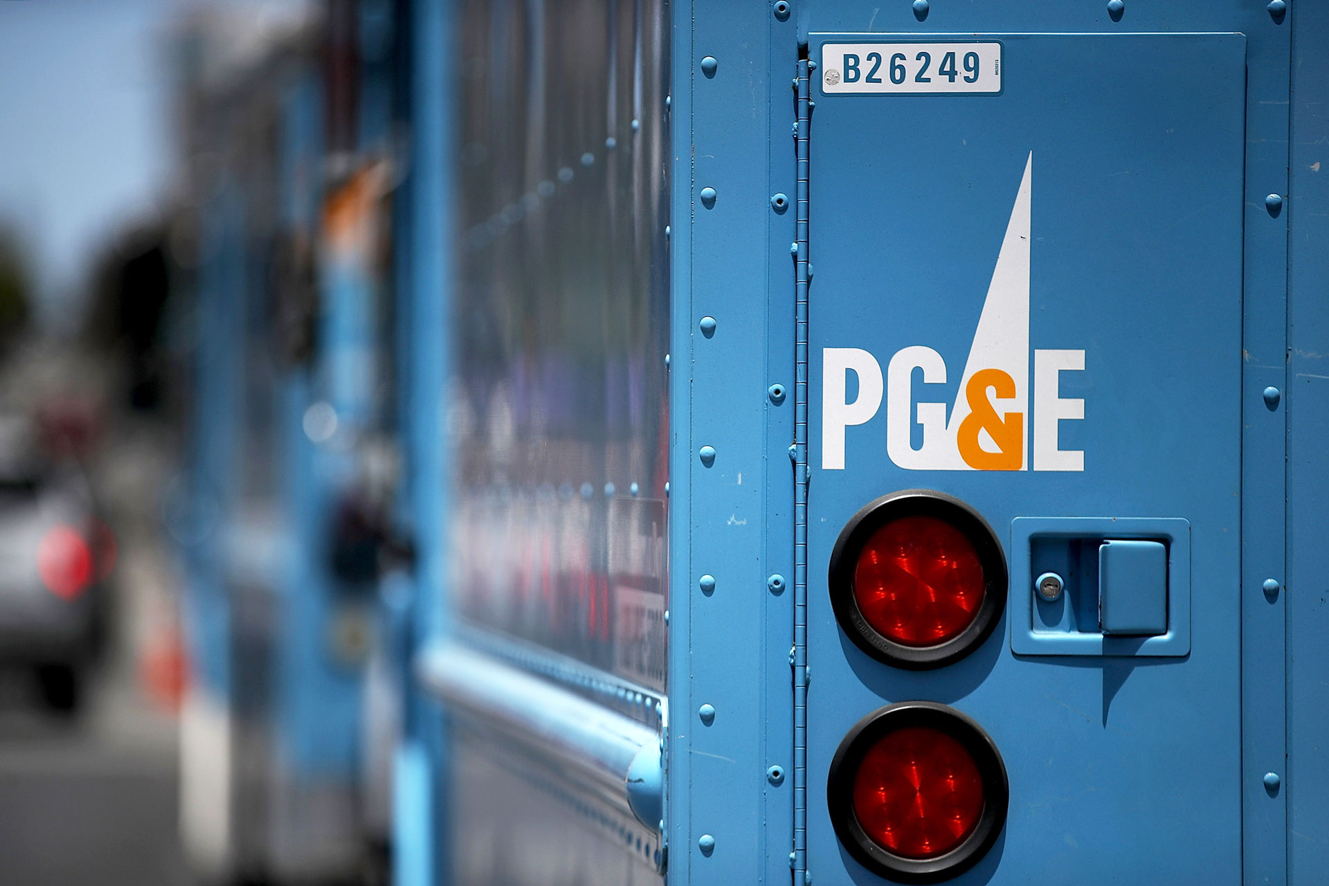 The backside of a PG&E truck.