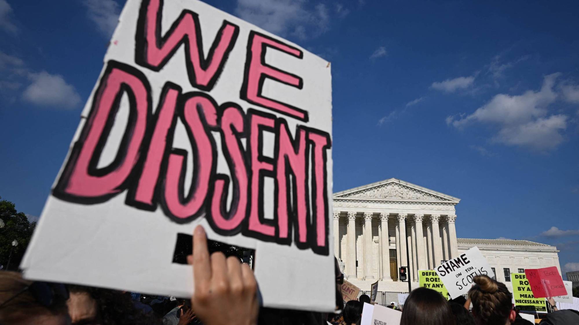 A sign that reads 'We Dissent' is held up in the foreground. The Supreme Court can be seen in the background.