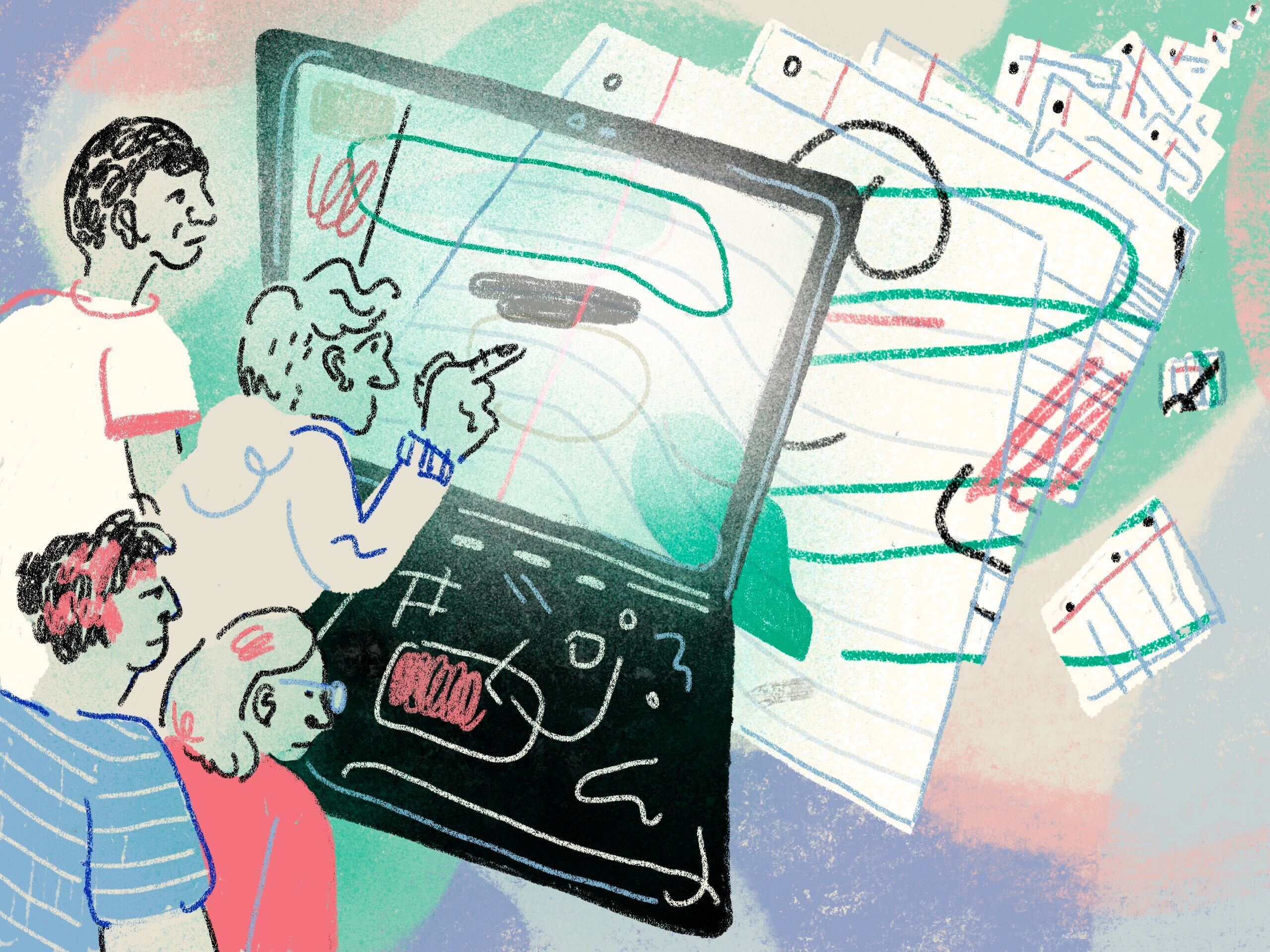 An illustration of four people looking at a laptop screen with one person pointing. Pieces of paper are behind the laptop screen.