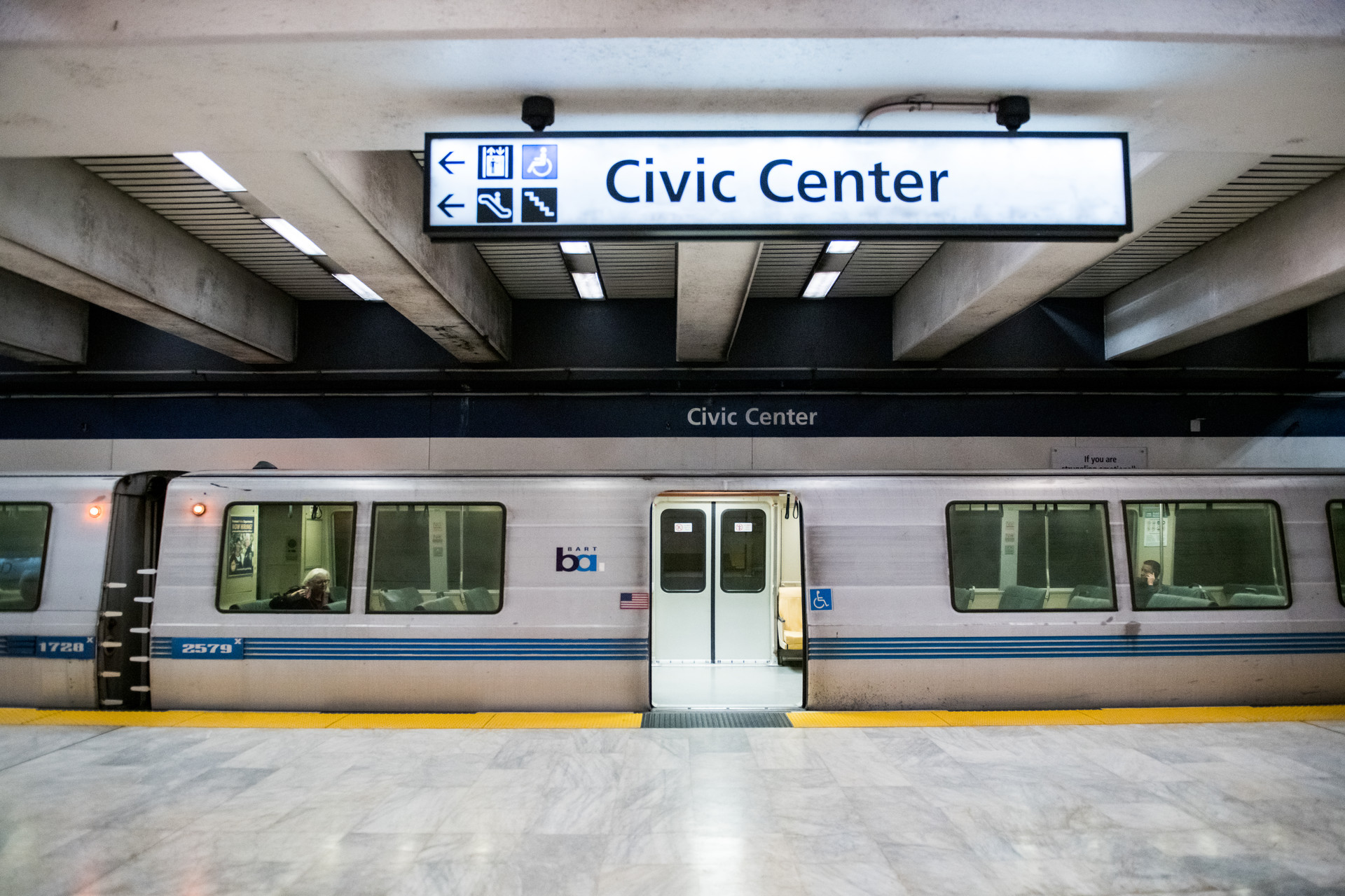A shot of a BART train inside the Civic Center stop.
