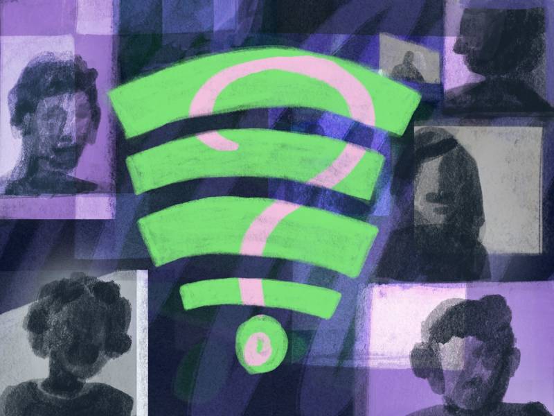 A purple-toned, dark illustration depicting panels of human faces overlaid with a bright green Wi-Fi symbol with a pink question mark in the middle.