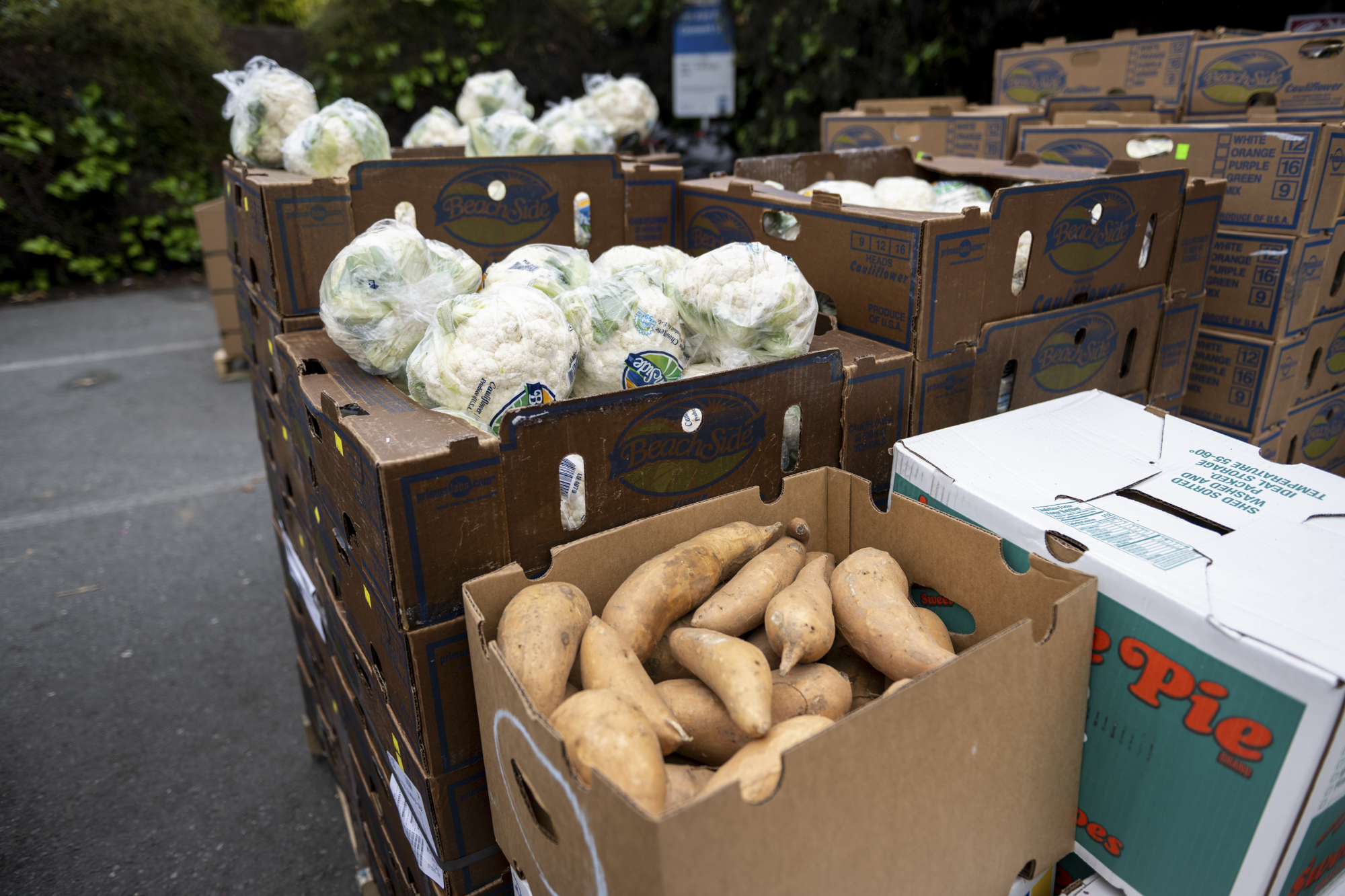 Stacked brown cardboard boxes of cauliflower and sweet potatoes in a paved outdoor area.