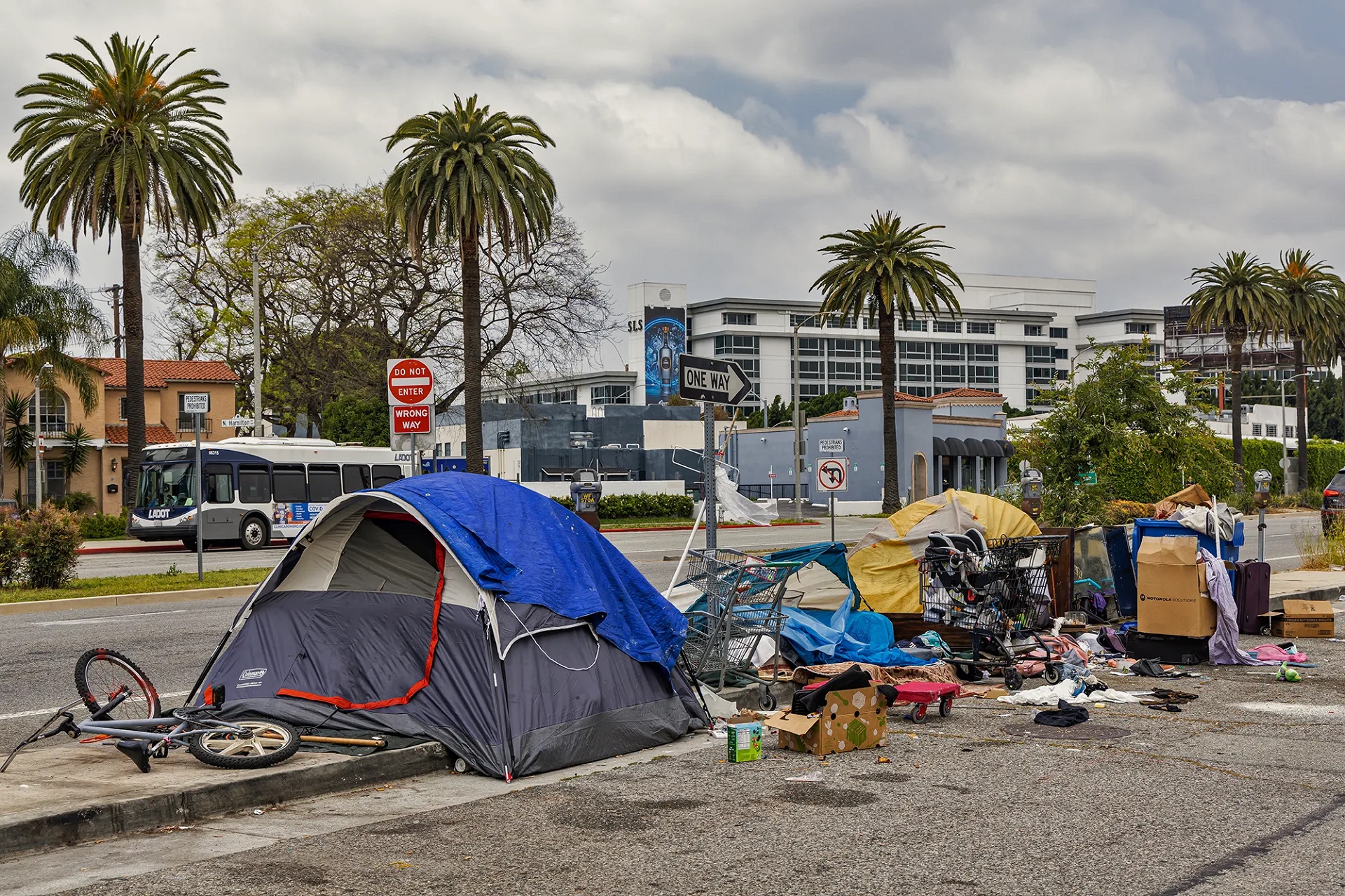 Tents line a paved road near a sidewalk. A bicycle is on its side in front of a gray and navy tent with a blue tarp covering its roof. Scattered belongings and cardboard boxes cover the spaces between each tent. A city bus is seen driving in the background.
