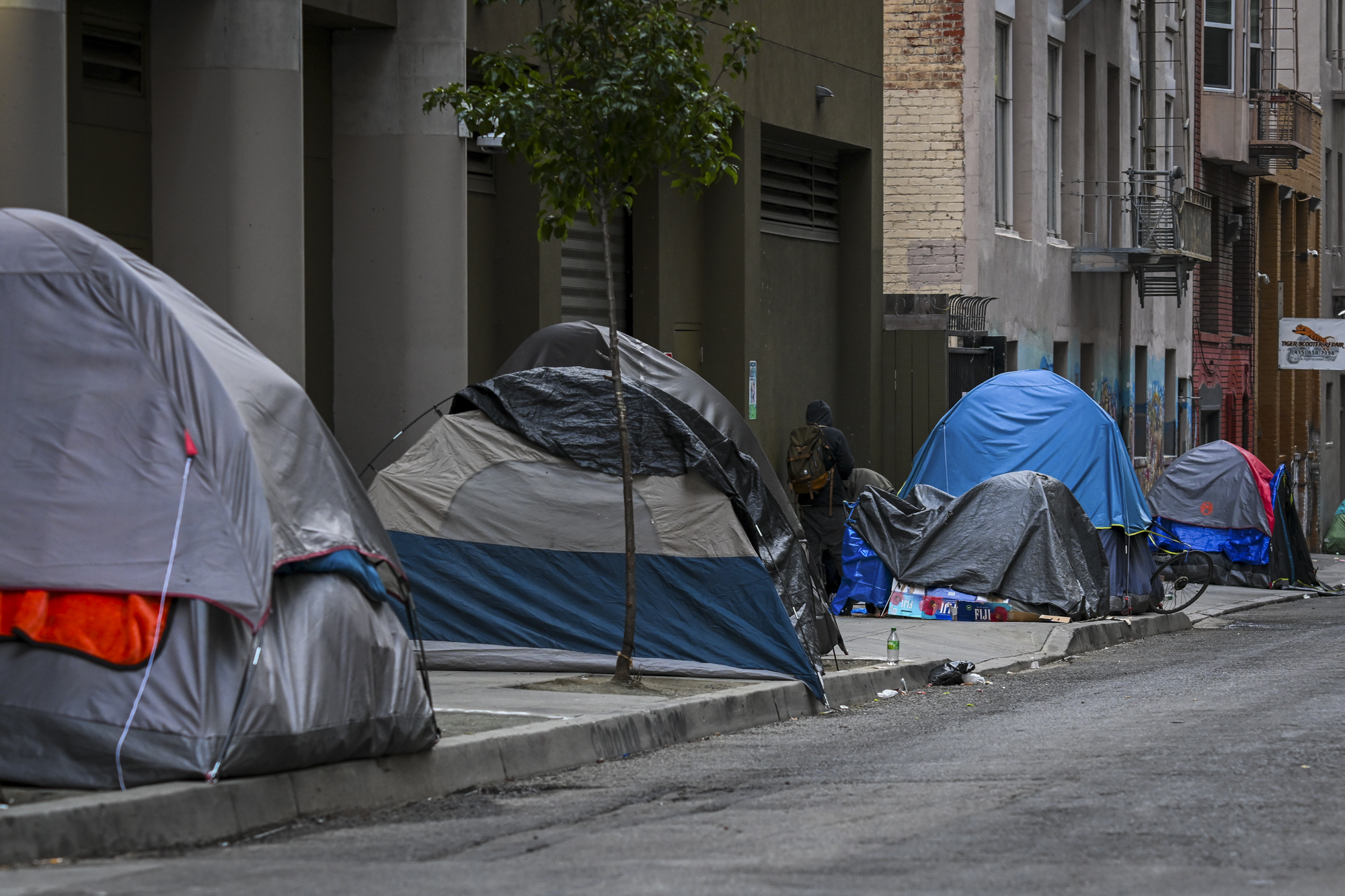 A series of tents lined up along a city sidewalk.