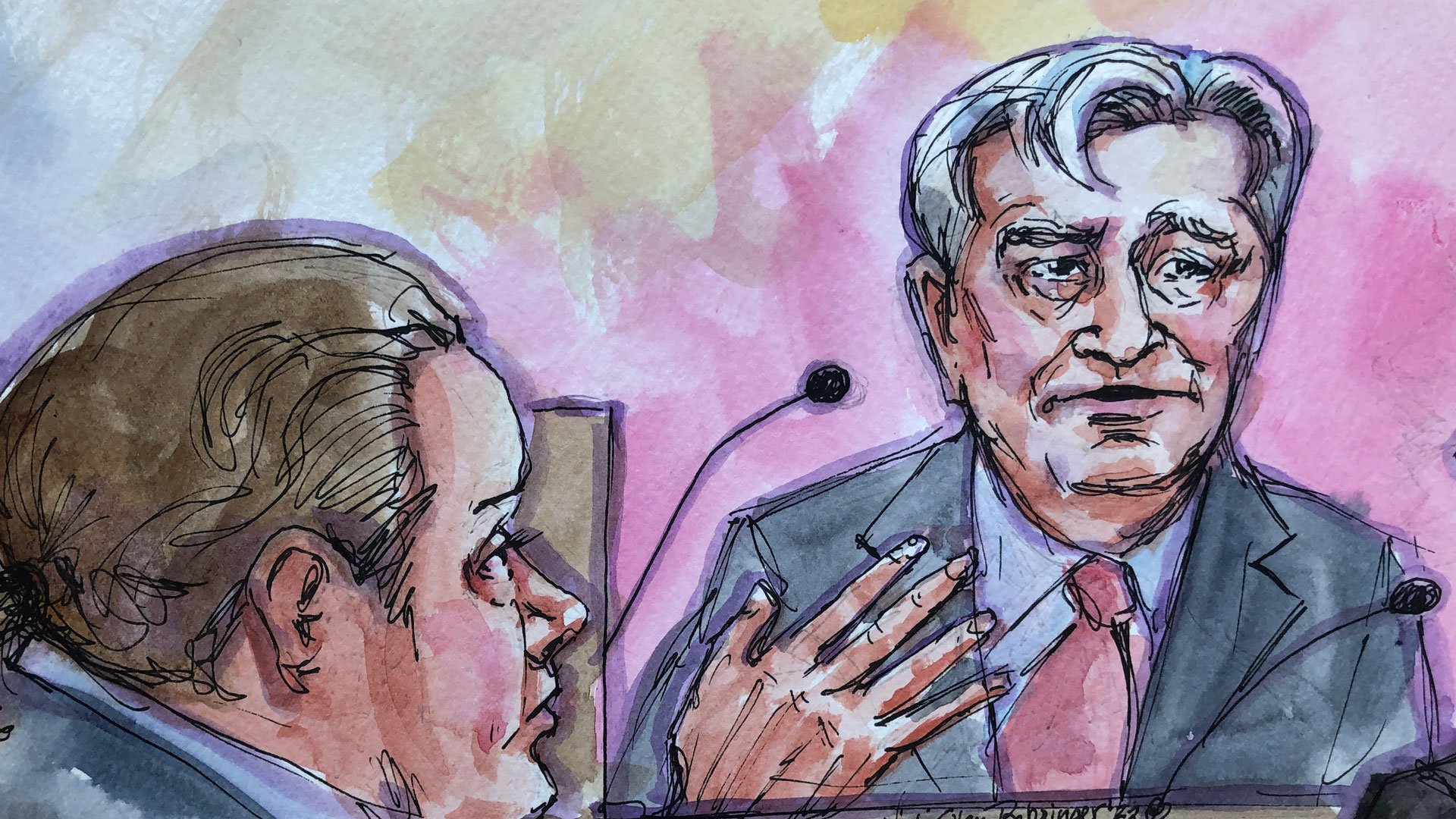 A watercolor drawing shows a white man with grey hair wearing a suit, gesturing and speaking into a microphone as another man looks on.