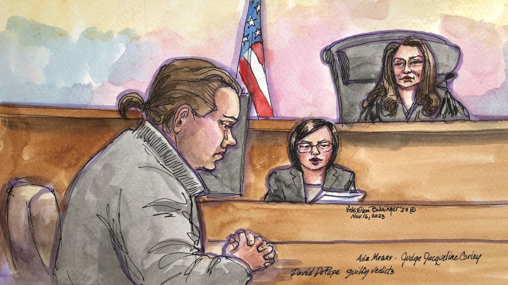 A watercolor sketch shows a white man with a ponytail holding his hands together as he looks down sullenly in a courtroom. A female judge and court reporter sit in the background.