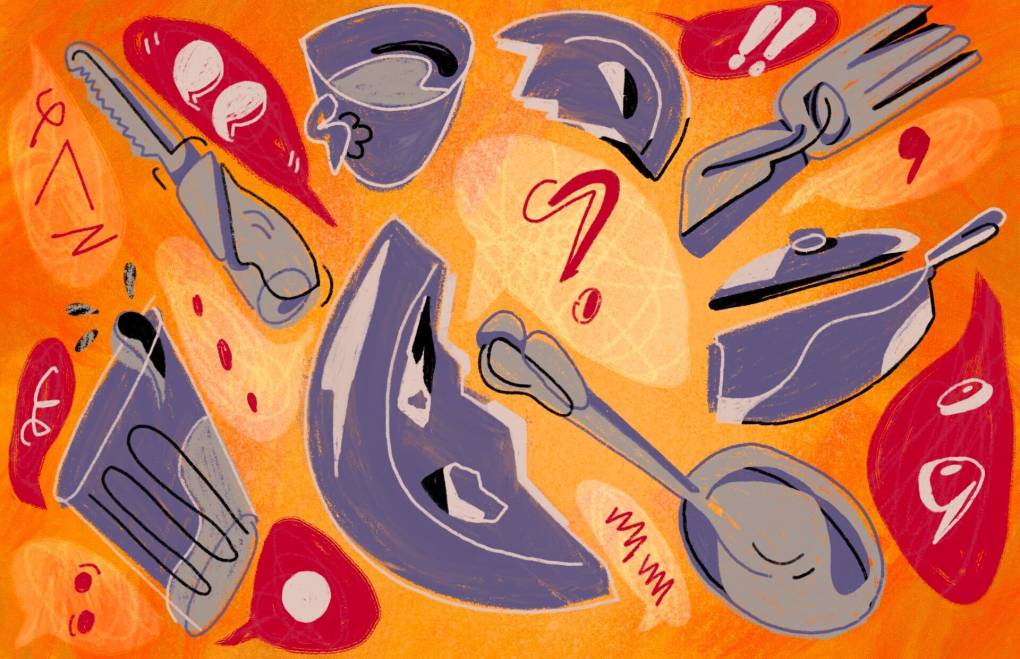 An illustration in red, orange and yellow tones, showing silverware and broken plates surrounded by speech bubbles