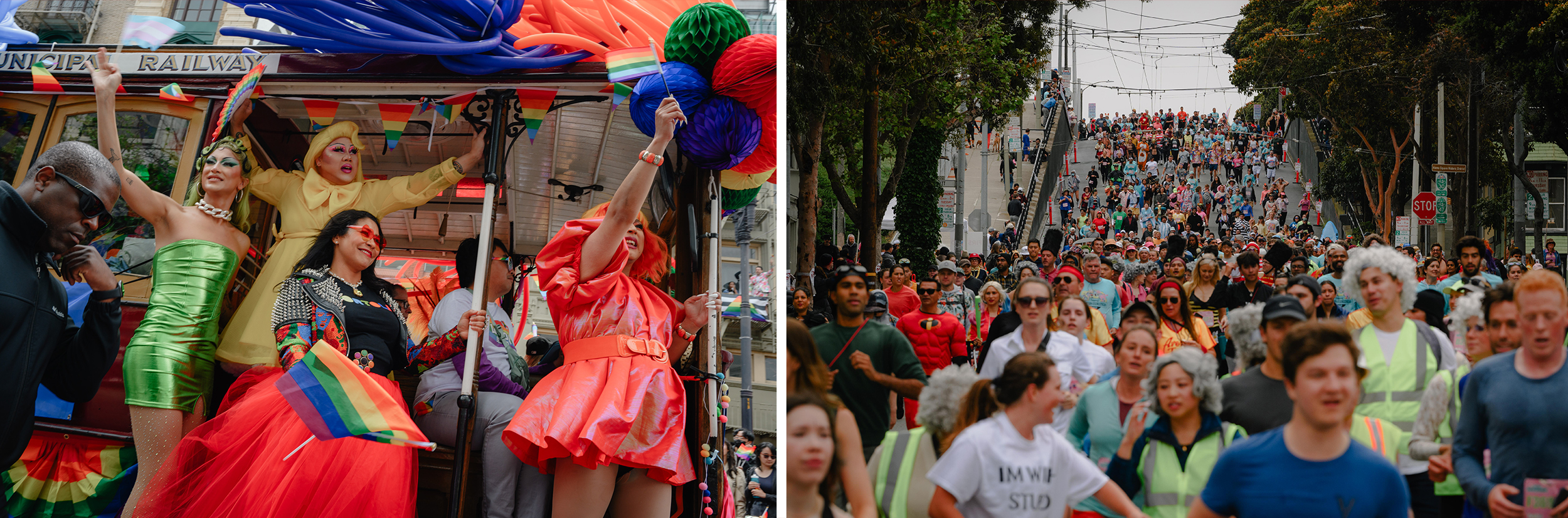 Two photos: On the left, A group of colorfully dressed people ride a cable care waving pride flags. On the right, A crowd of people pack a city street.