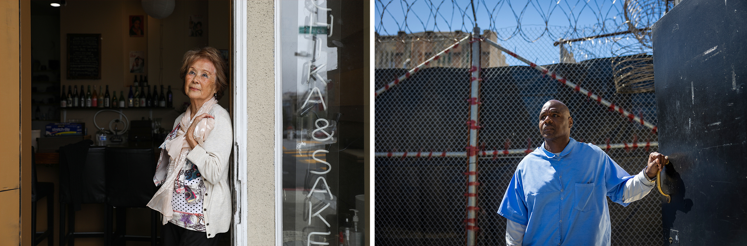 Two photos: On the left, a person with long hair standing in the doorway to a restaurant. On the right, a person with a bald head and blue jumpsuit stands beside a door in front of a large gate covered in concertina wire.