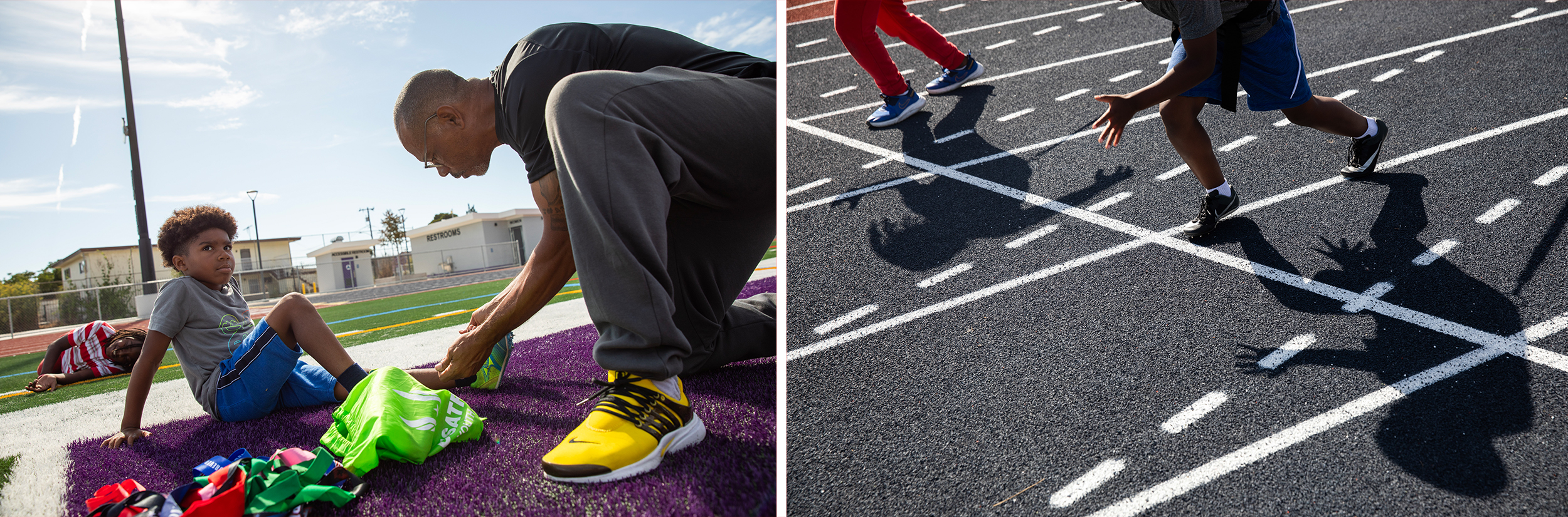 Two photos: On the left, an adult helps a child lace up their shots. On the right, the shadows of two children running are seen on a racetrack.