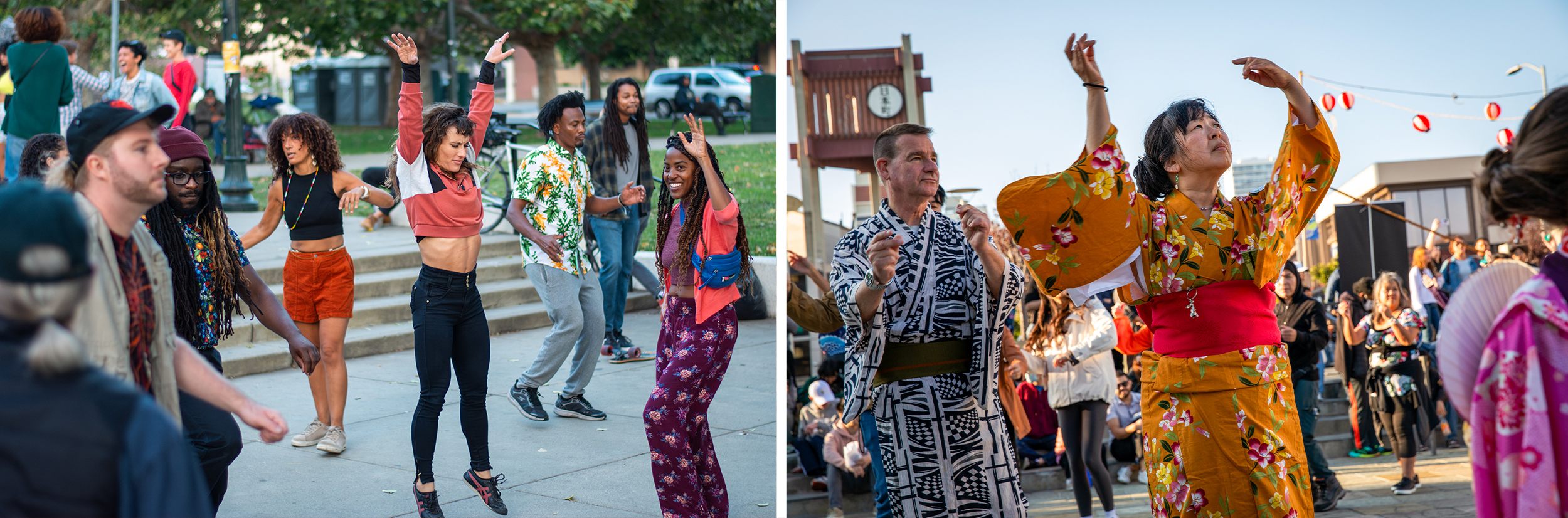 Two photos: On the left, a group of people strikes expressive poses as they dance outdoors. On the right, a group of people wearing ornate clothing dances outdoors.