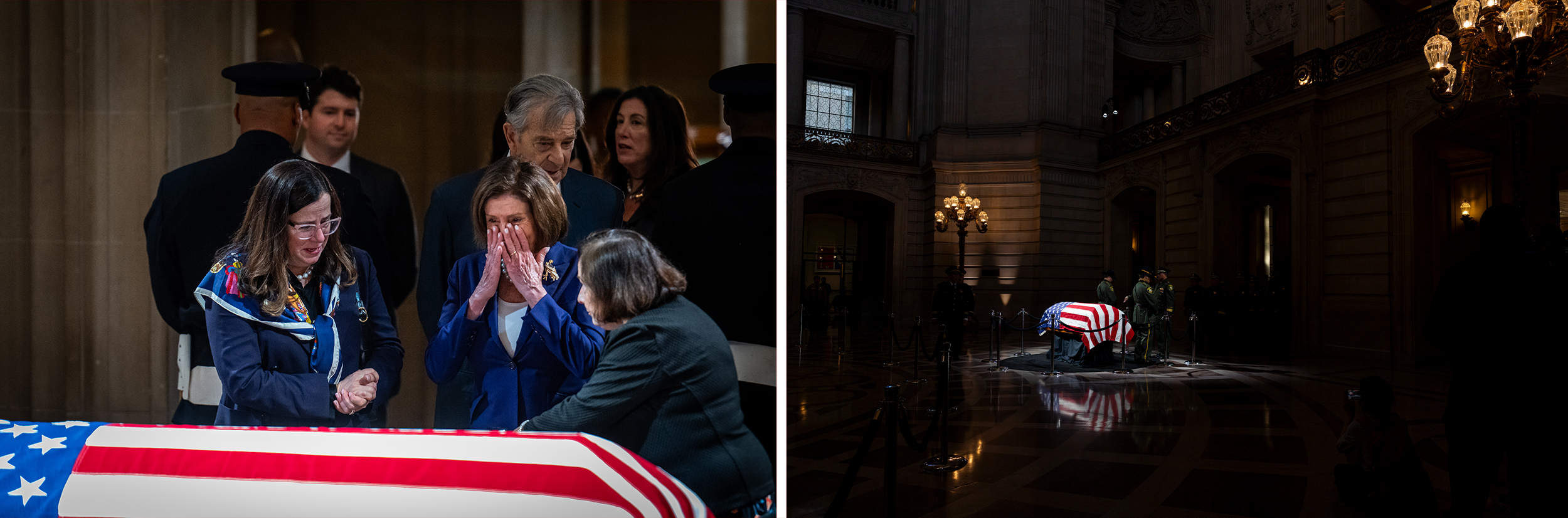 Two photos: On the left, A person in a blue sport coat cries in front of a flag-draped casket. On the right, a flag draped casket in a large darkened room.