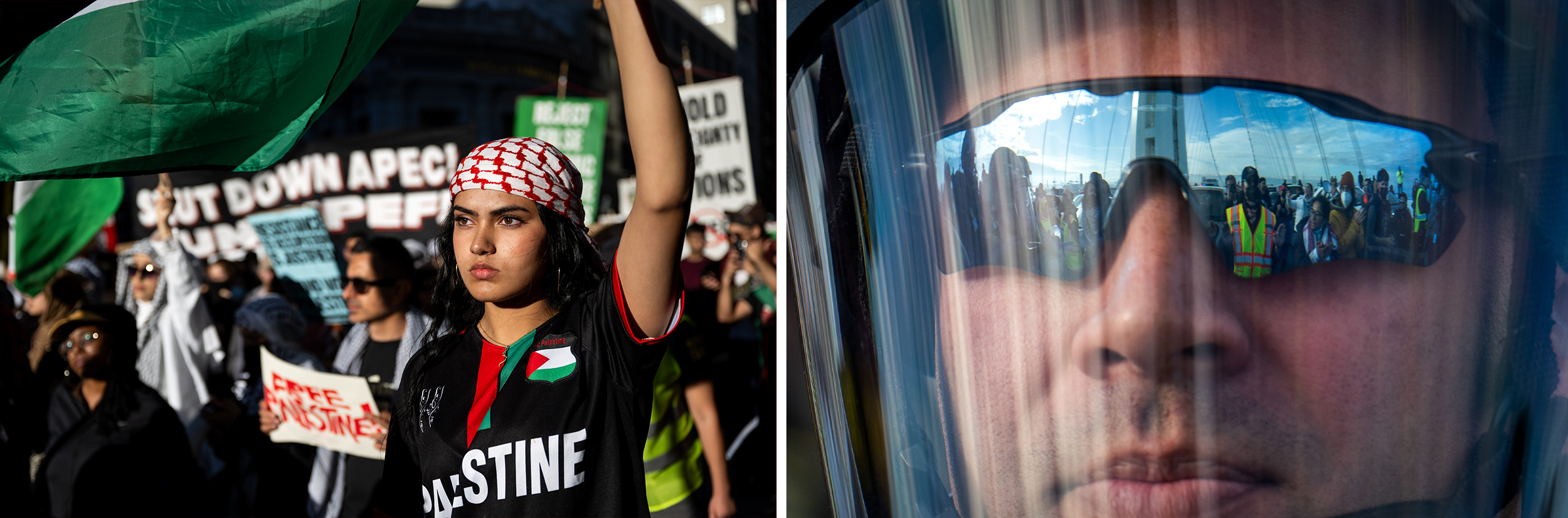 Two photos: On the left, a large group of people waving flags and holding signs. On the right, the reflection of a large group of people in the sunglasses of a person wearing a clear full face mask.
