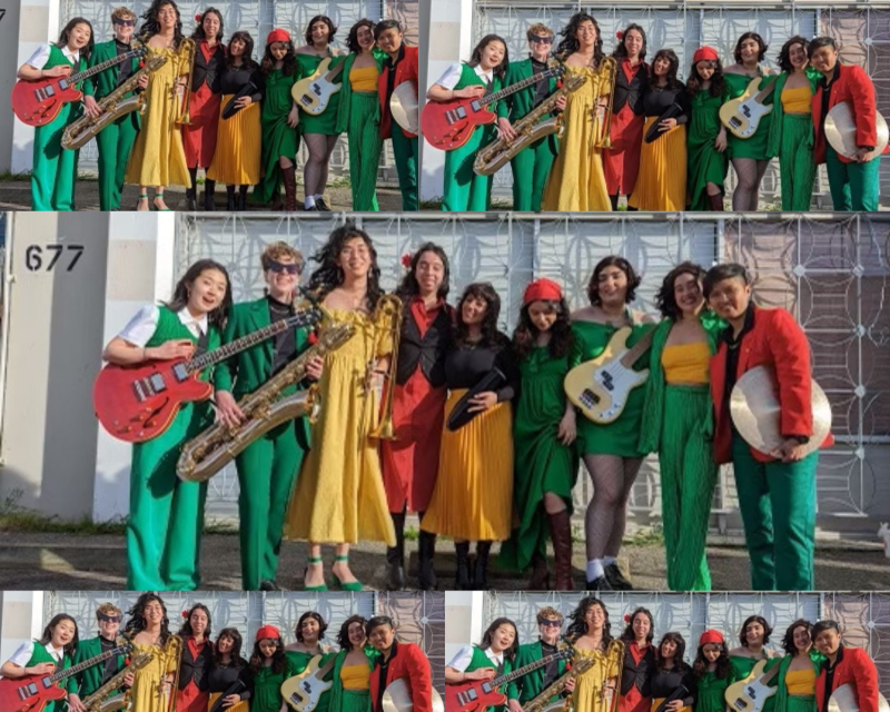 A collage of five images of an all-women music group, wearing green, yellow and red clothing.
