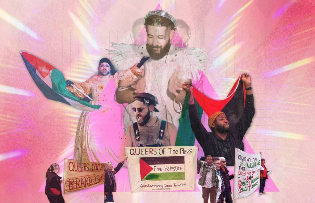 An illustration showing multiple Palestinian young people, including one holding a Palestinian flag, against a pink background.