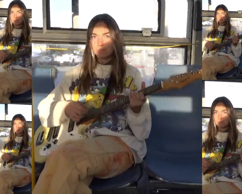 A collage of five images of a woman sitting on public transportation holding a guitar.