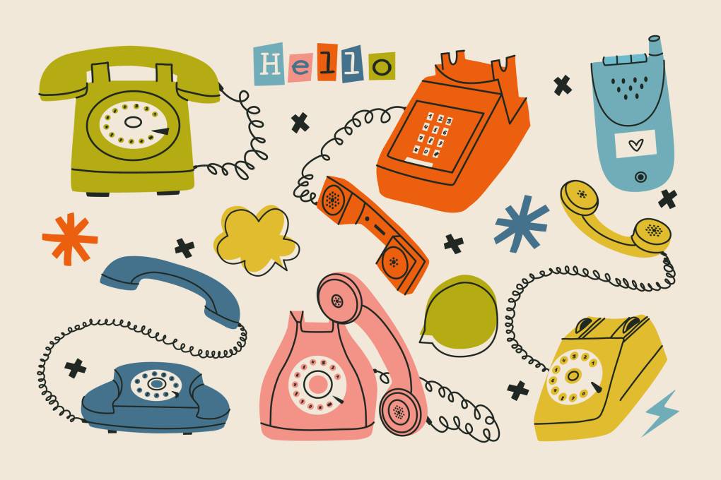 An illustration with six colorful vintage telephones.