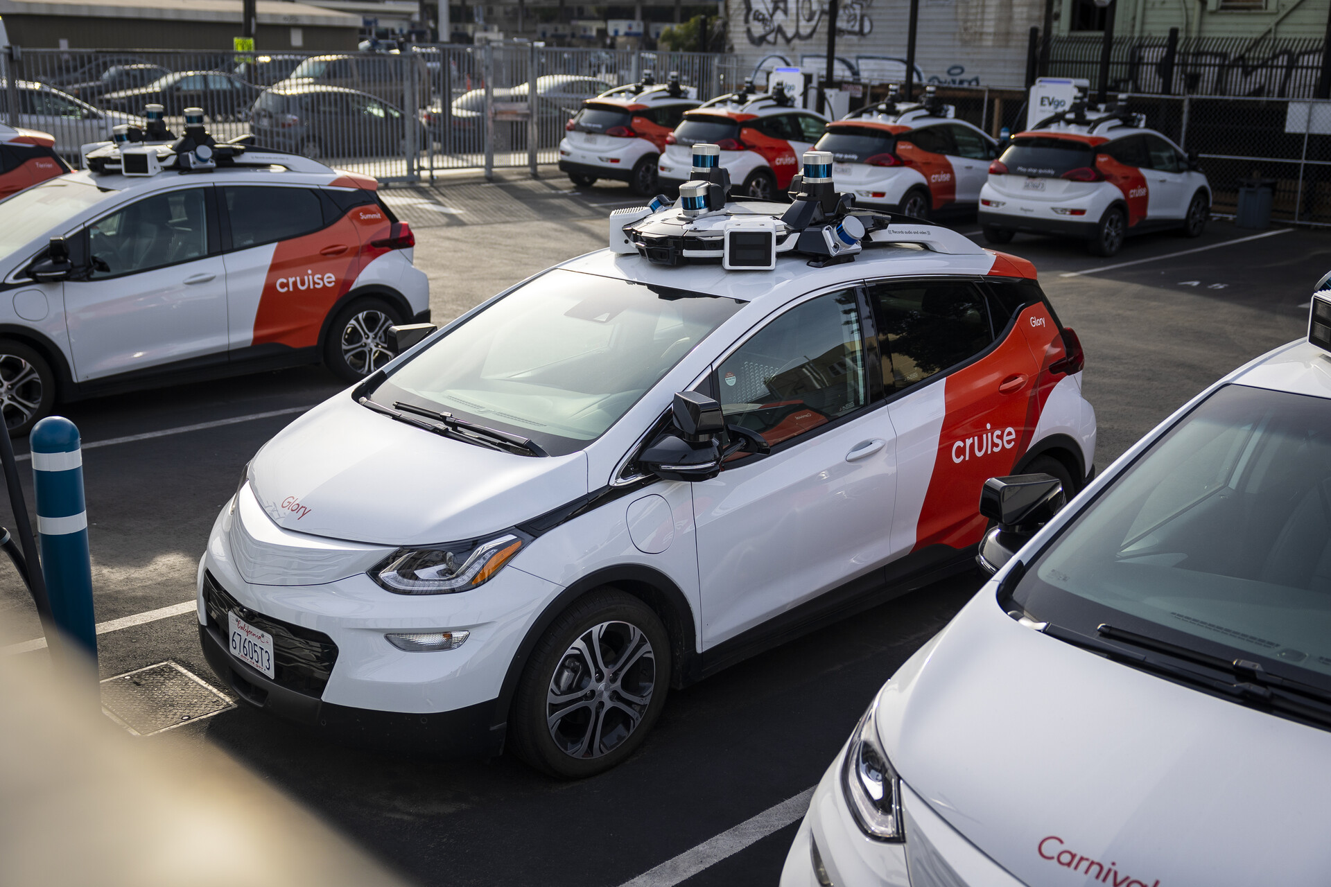 Cruise cars parked in a lot on 16th St. in San Francisco on Dec. 14, 2023.