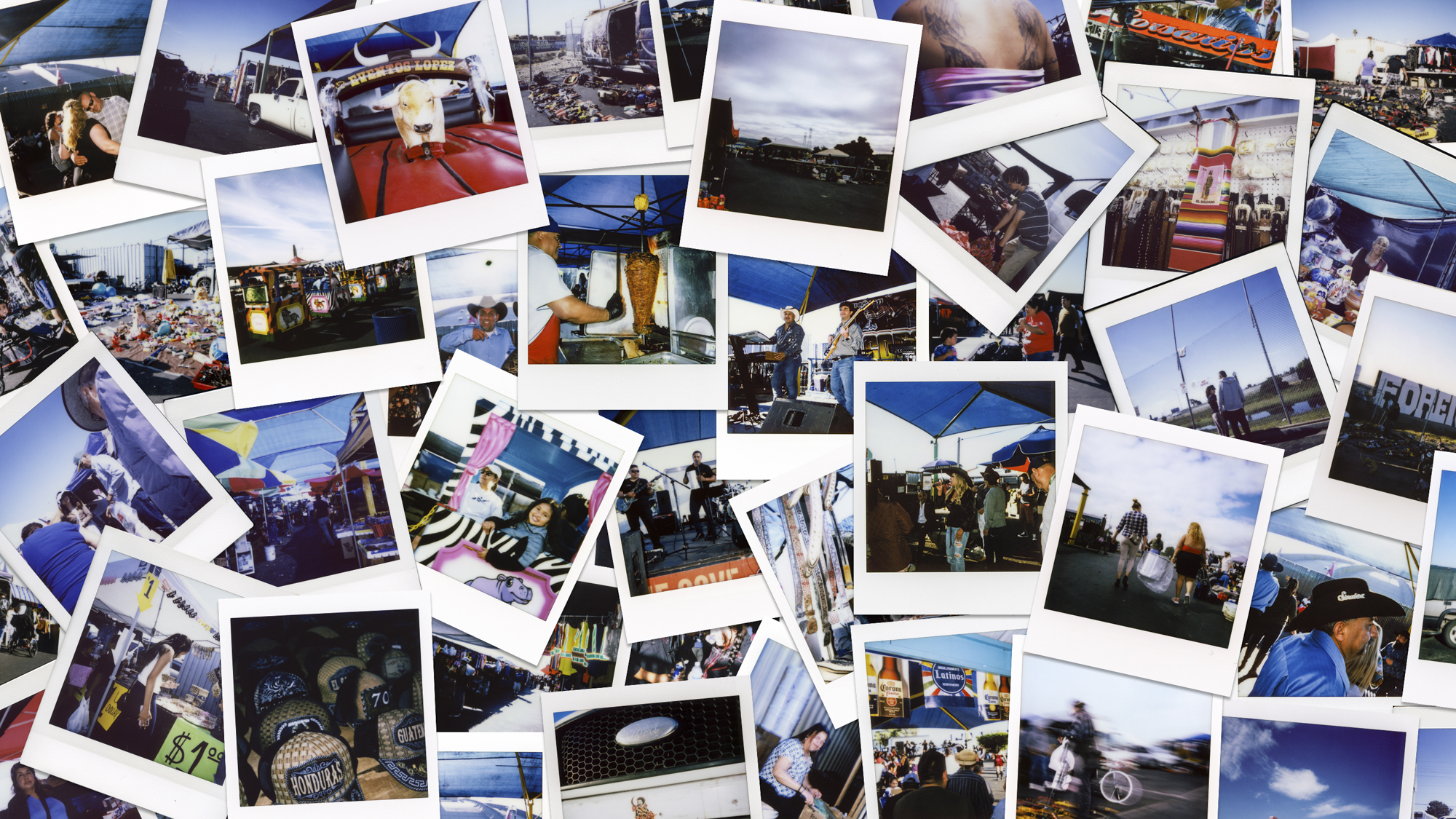 A collage of photos depicting various elements from an outdoor market.