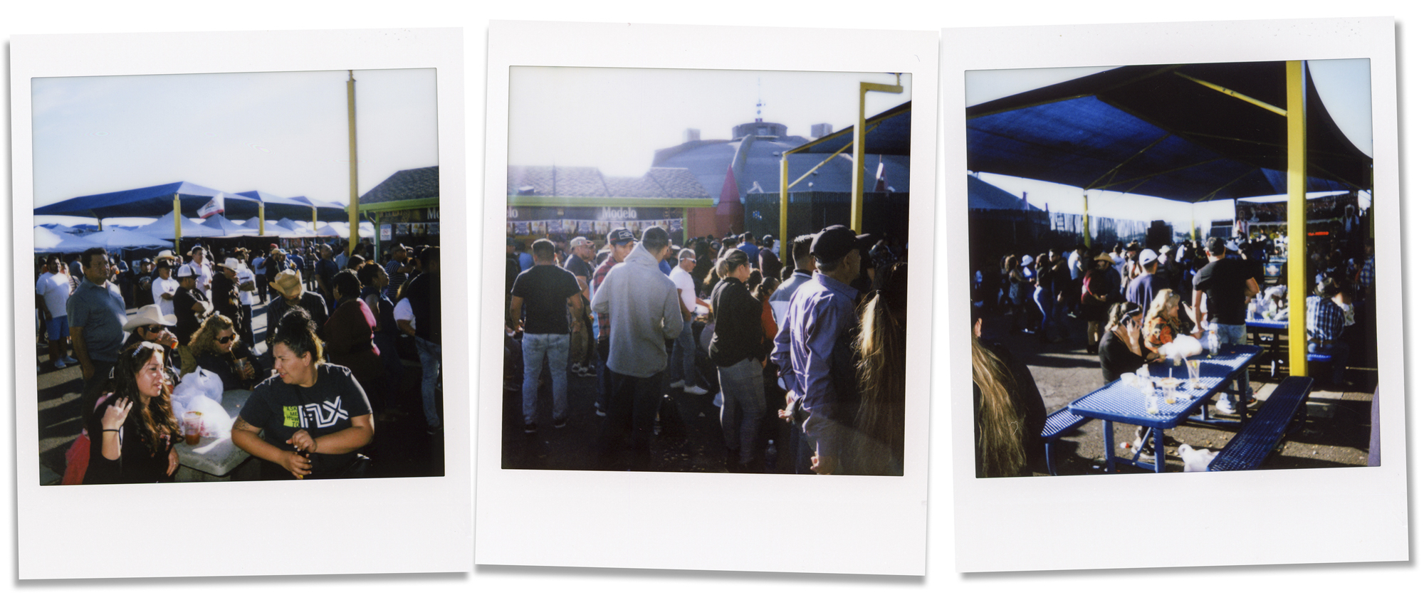 Three photos showing a large crowd in an outdoor setting.