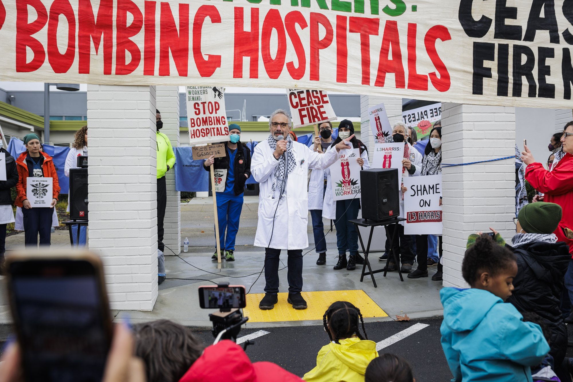 Jess Ghannam speaks at a rally of healthcare workers in front of the L3 Harris office in San Leandro on Jan. 24, 2024.