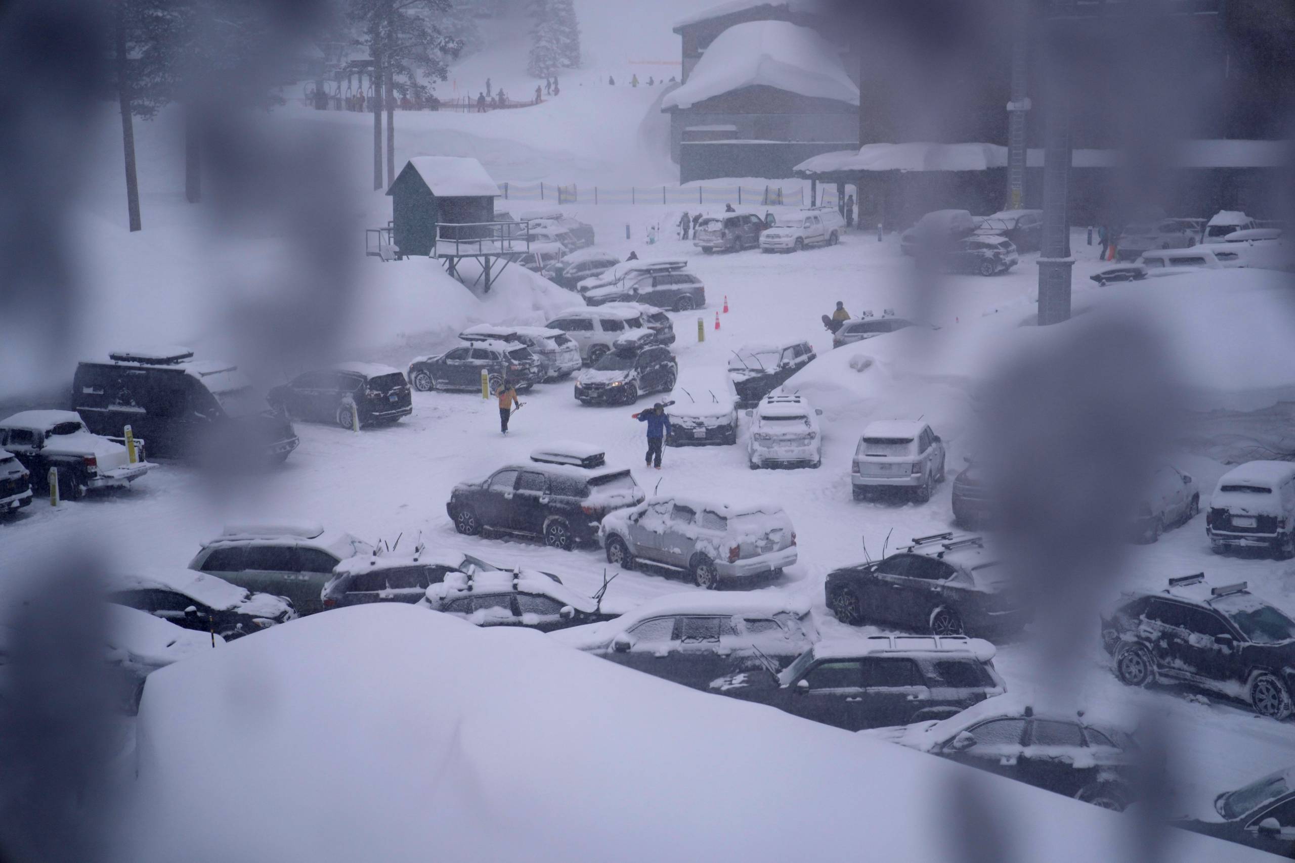 A view of a snow-covered parking lot.