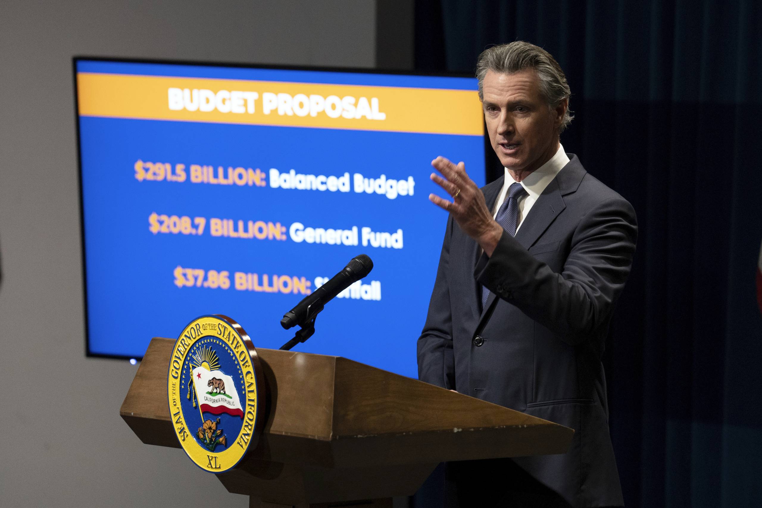 Gov. Gavin Newsom at a podium.