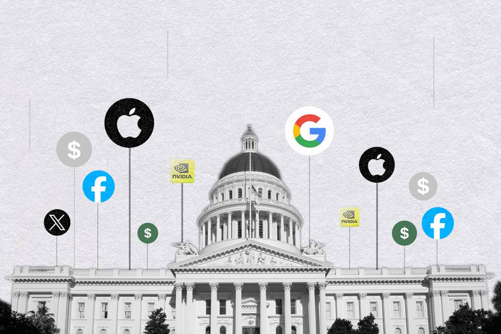 A graphic illustration of a capitol building with tech company logos floating around it.