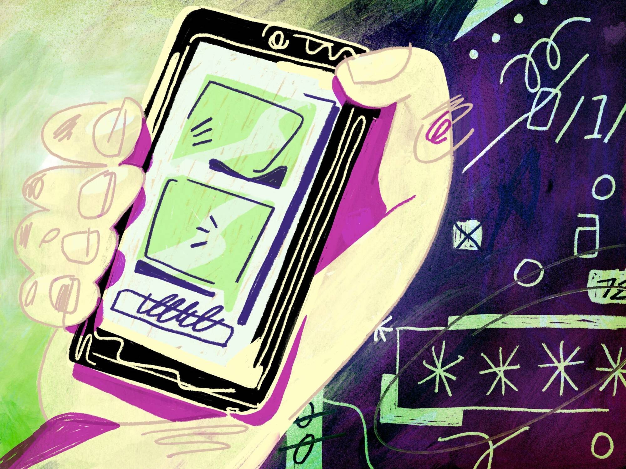 An illustration of a hand holding a smartphone.