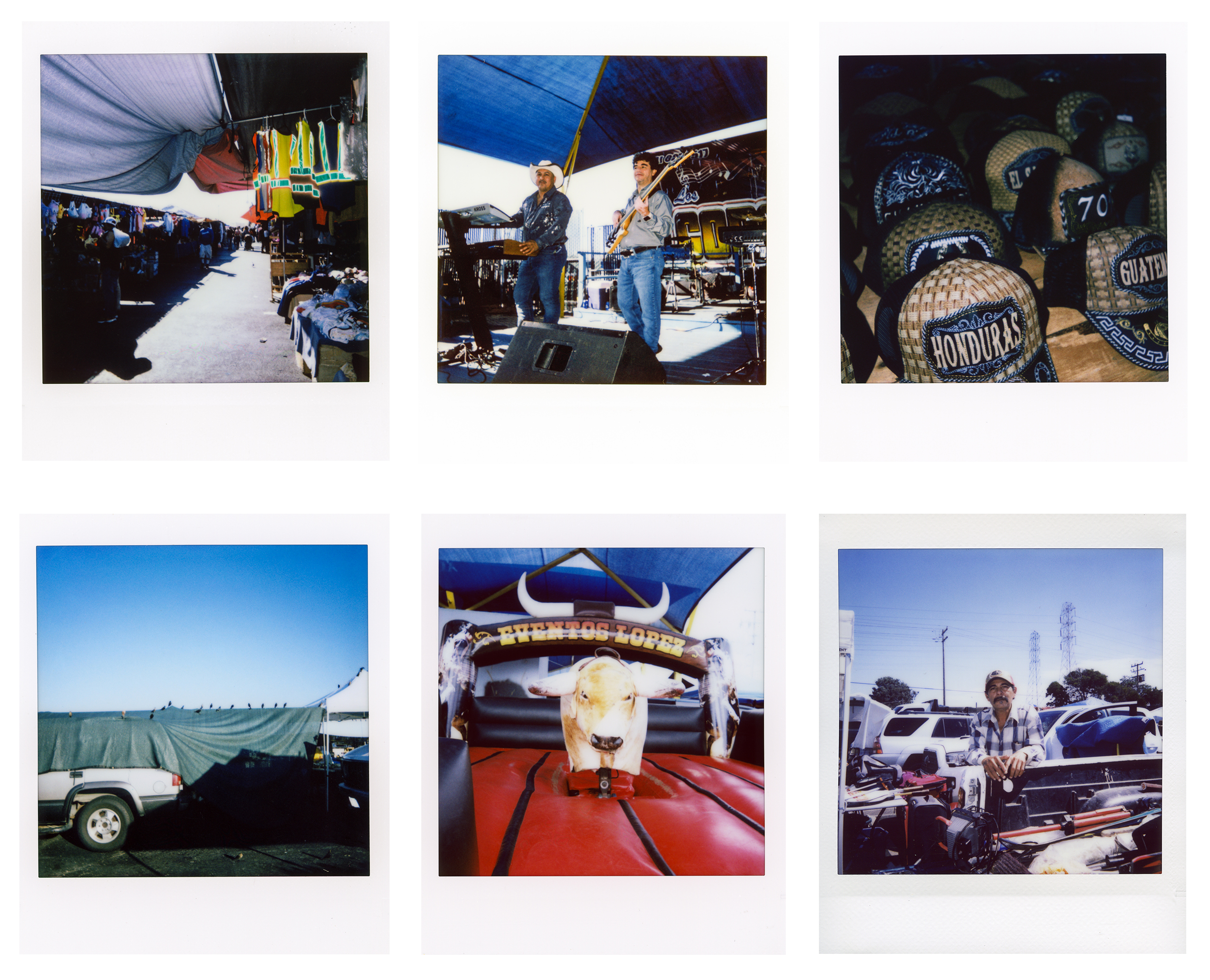 Six instant photos including two people playing music, an array of baseball caps and a pan standing beside a truck.