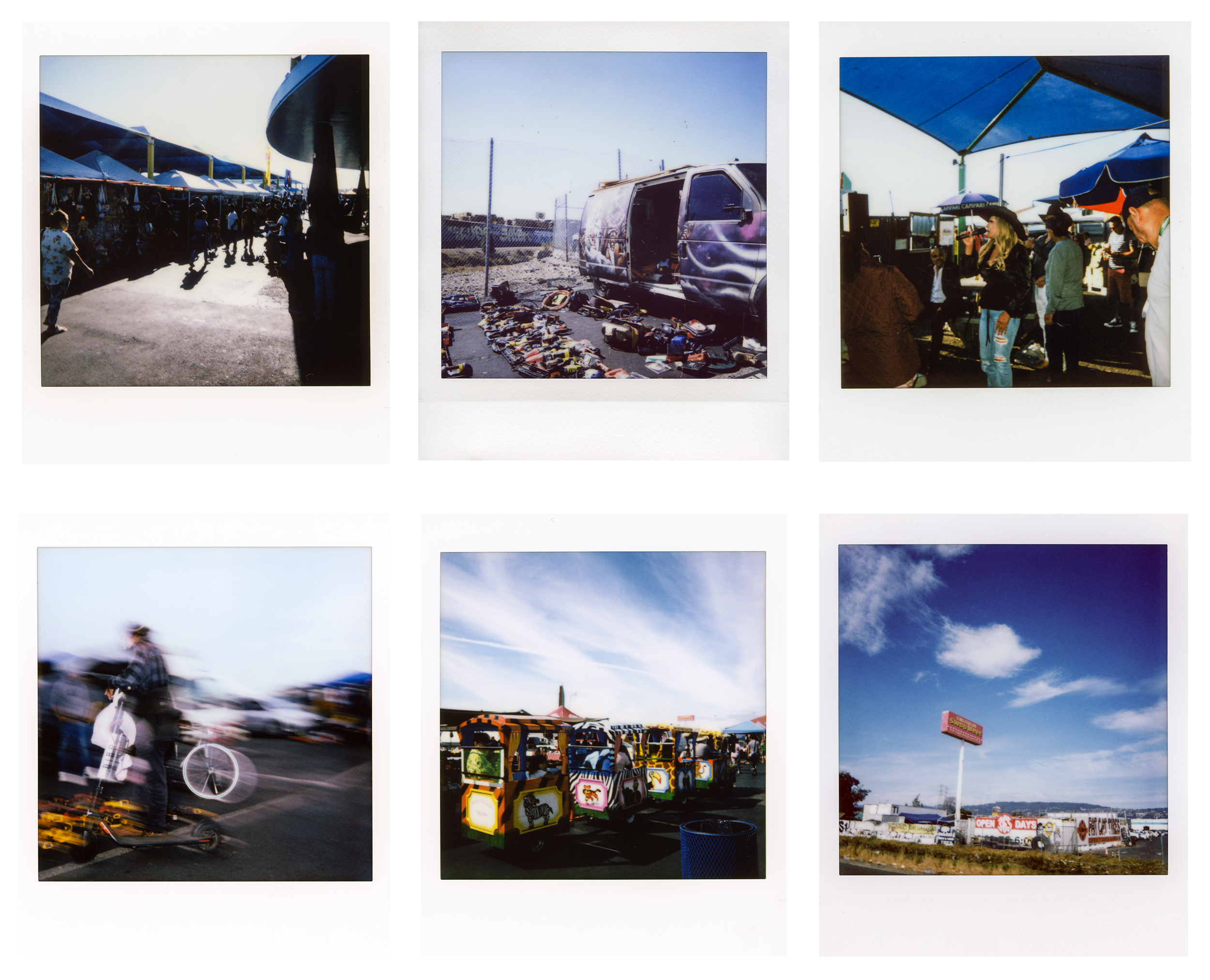 Six instant photos including a woman singing, a series of children's train cars and an outdoor space filled with shopping stalls.