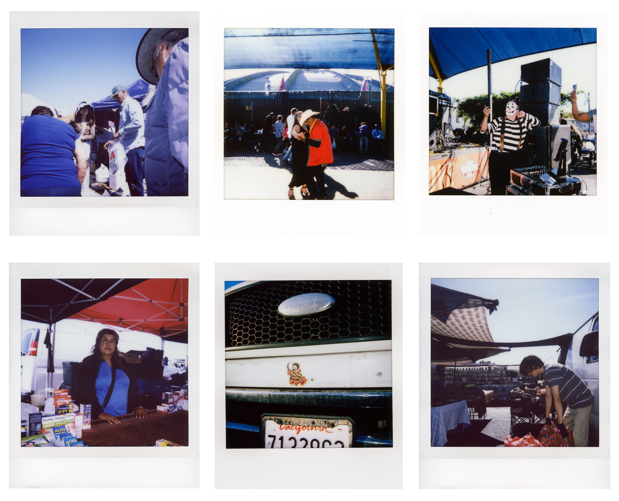 Six instant photos including a couple dancing, a clown playing music and a Pancho Villa sticker on a car bumper.