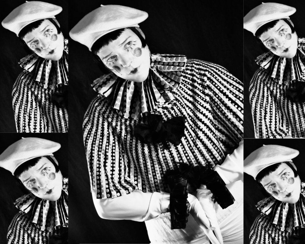 A collage of five black and white images of a person with make-up and striped clothing.