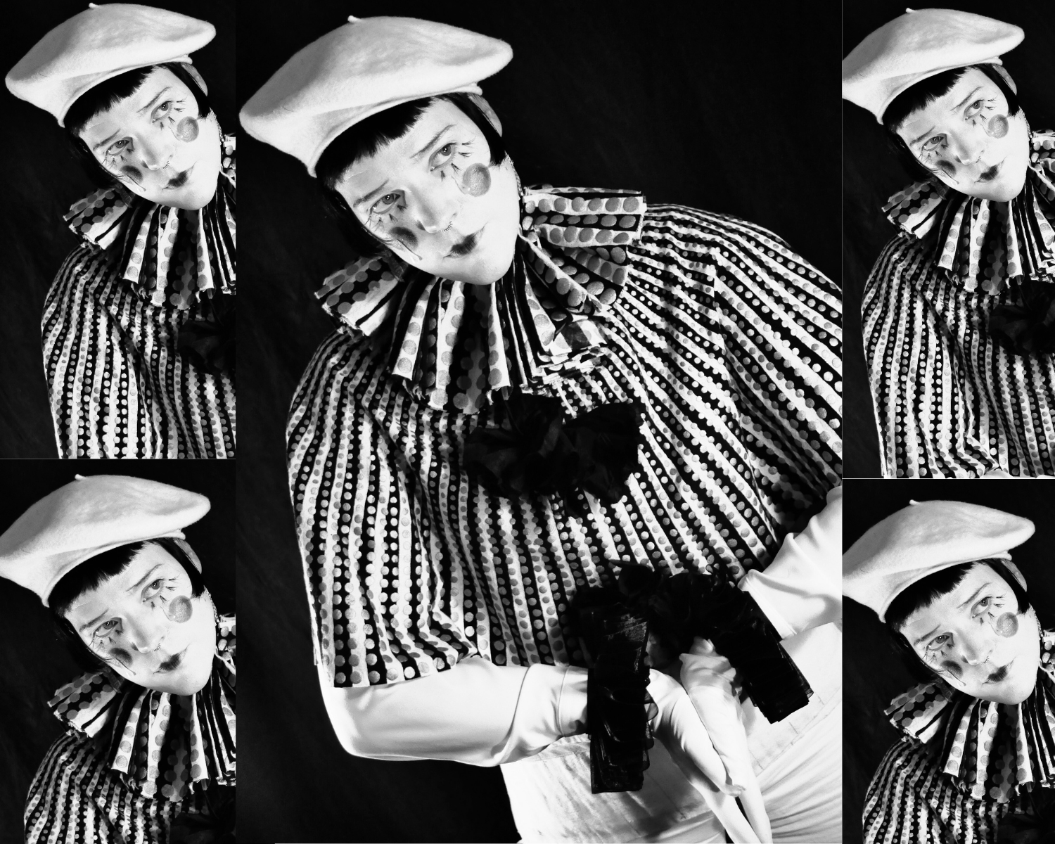A collage of five black and white images of a person with make-up and striped clothing.