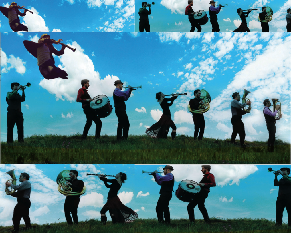 A collage of four images featuring several people holding instruments on a hill.